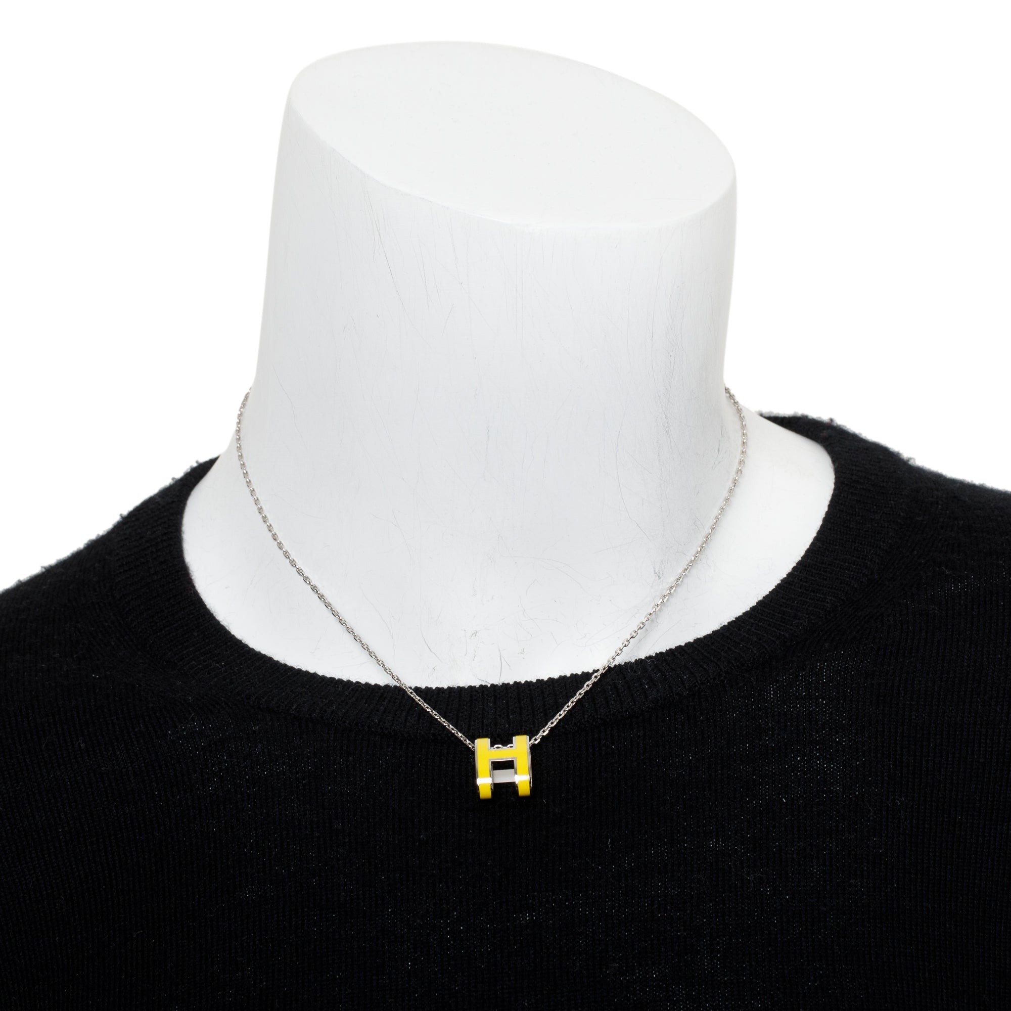 Hermes Palladium-Plated Yellow Lacquered Pop H Pendant Necklace w/ Box