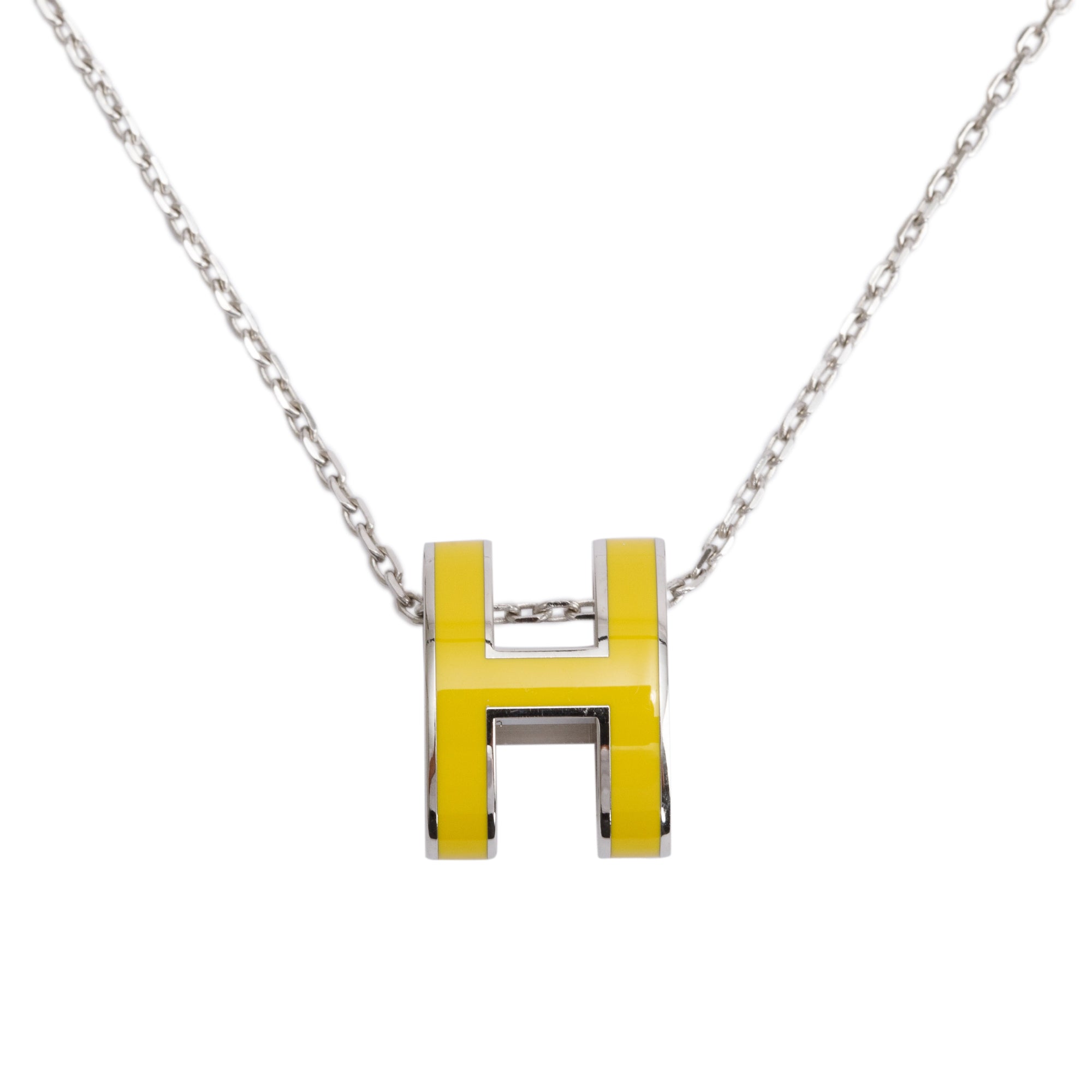 Hermes Palladium-Plated Yellow Lacquered Pop H Pendant Necklace w/ Box