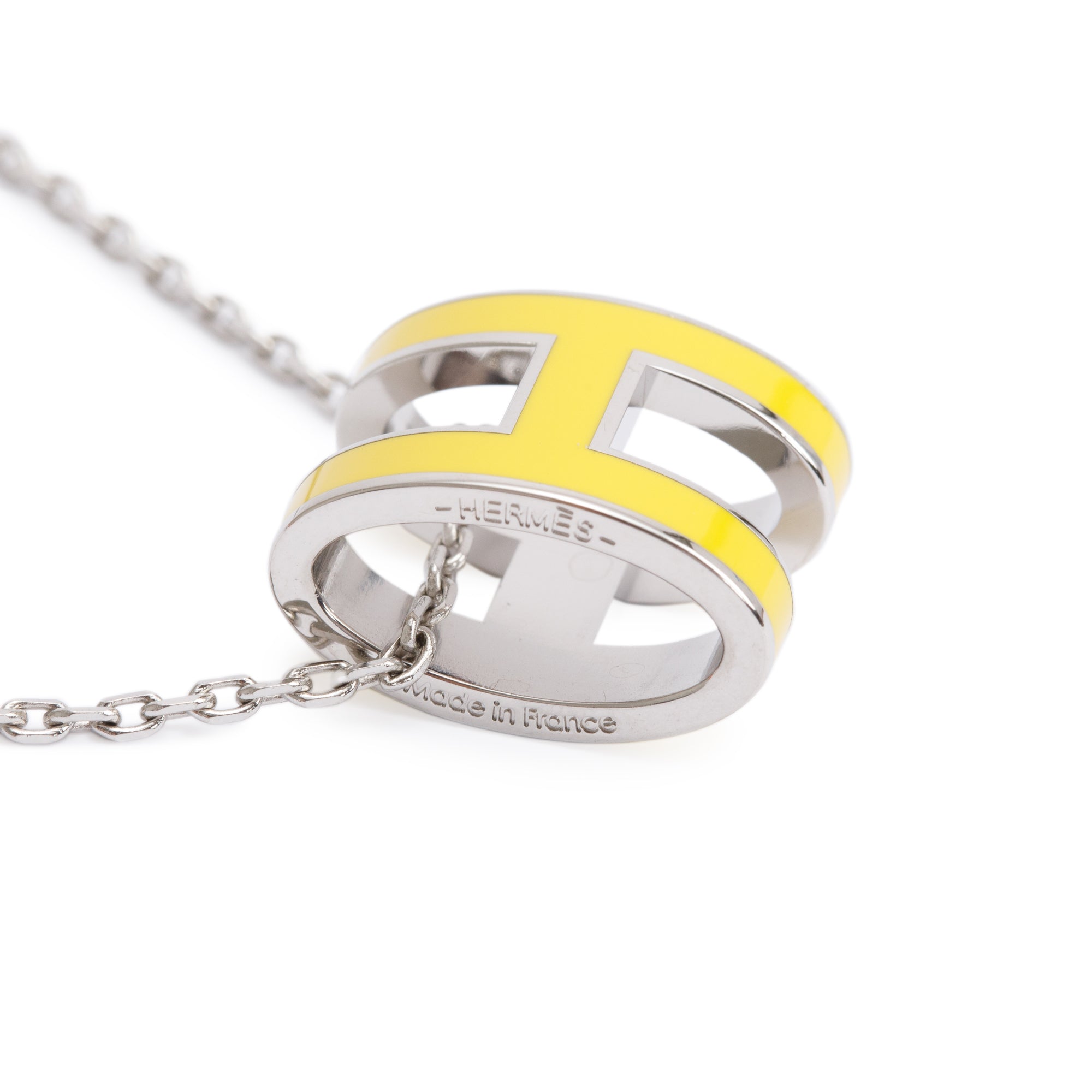 Hermes Palladium-Plated Yellow Lacquered Pop H Pendant Necklace w/ Box