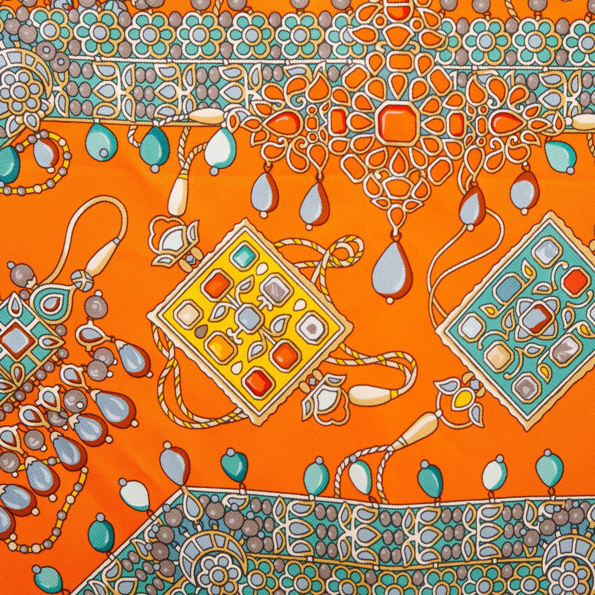Hermes 'Parures Des Maharajas' Orange Silk Scarf 90 w/ Box