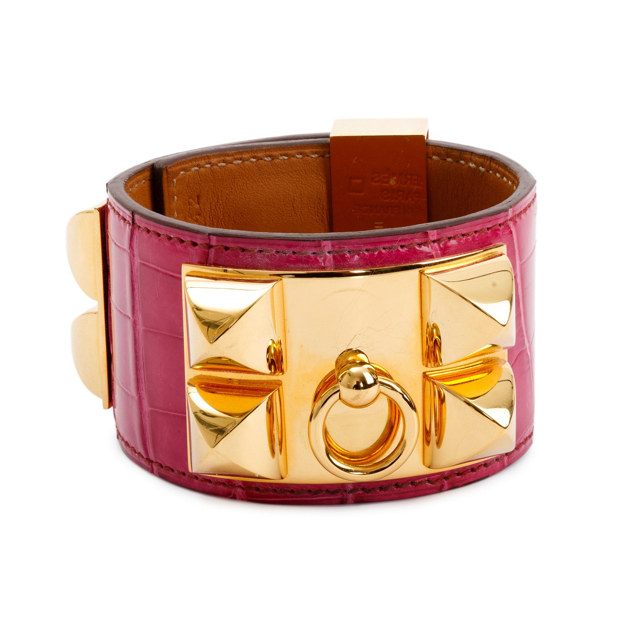Hermes Pink Alligator Gold Plated Metal Collier de Chien Bracelet