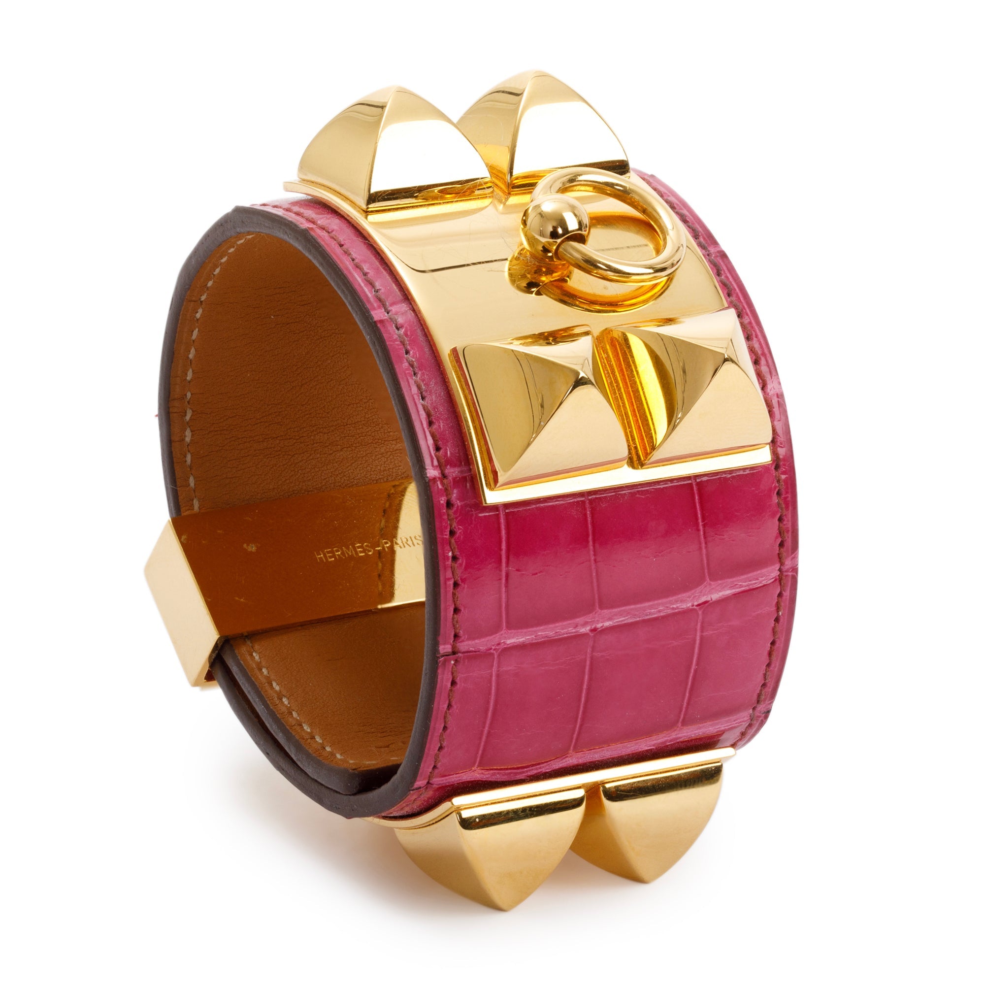 Hermes Pink Alligator Gold Plated Metal Collier de Chien Bracelet