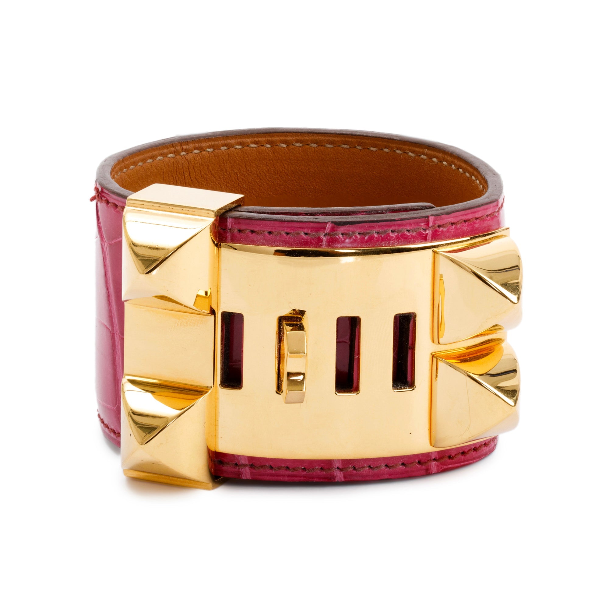 Hermes Pink Alligator Gold Plated Metal Collier de Chien Bracelet