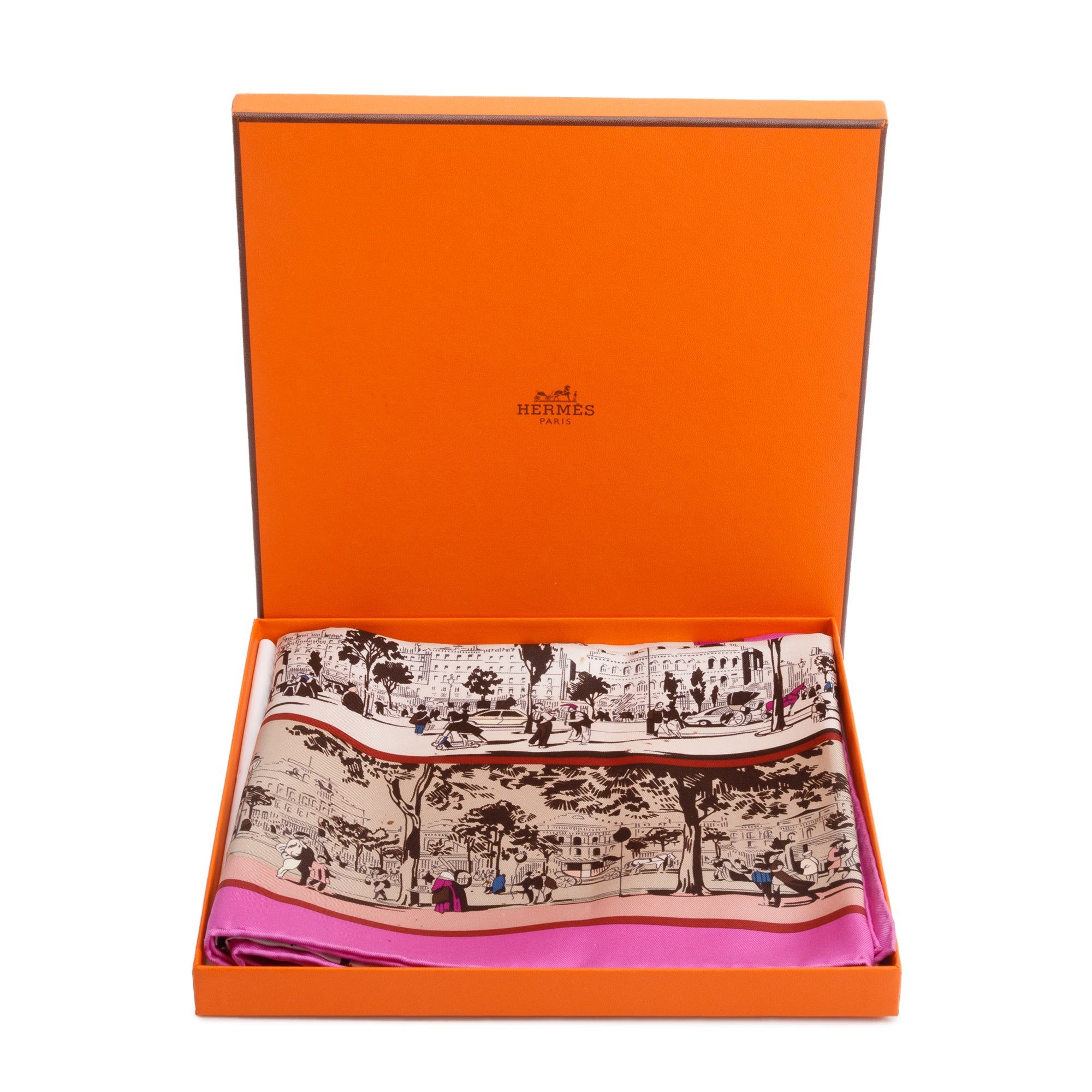 Hermes Pink & Multicolor 'A l'Ombre des Boulevards' Silk Scarf 90 w/ Box