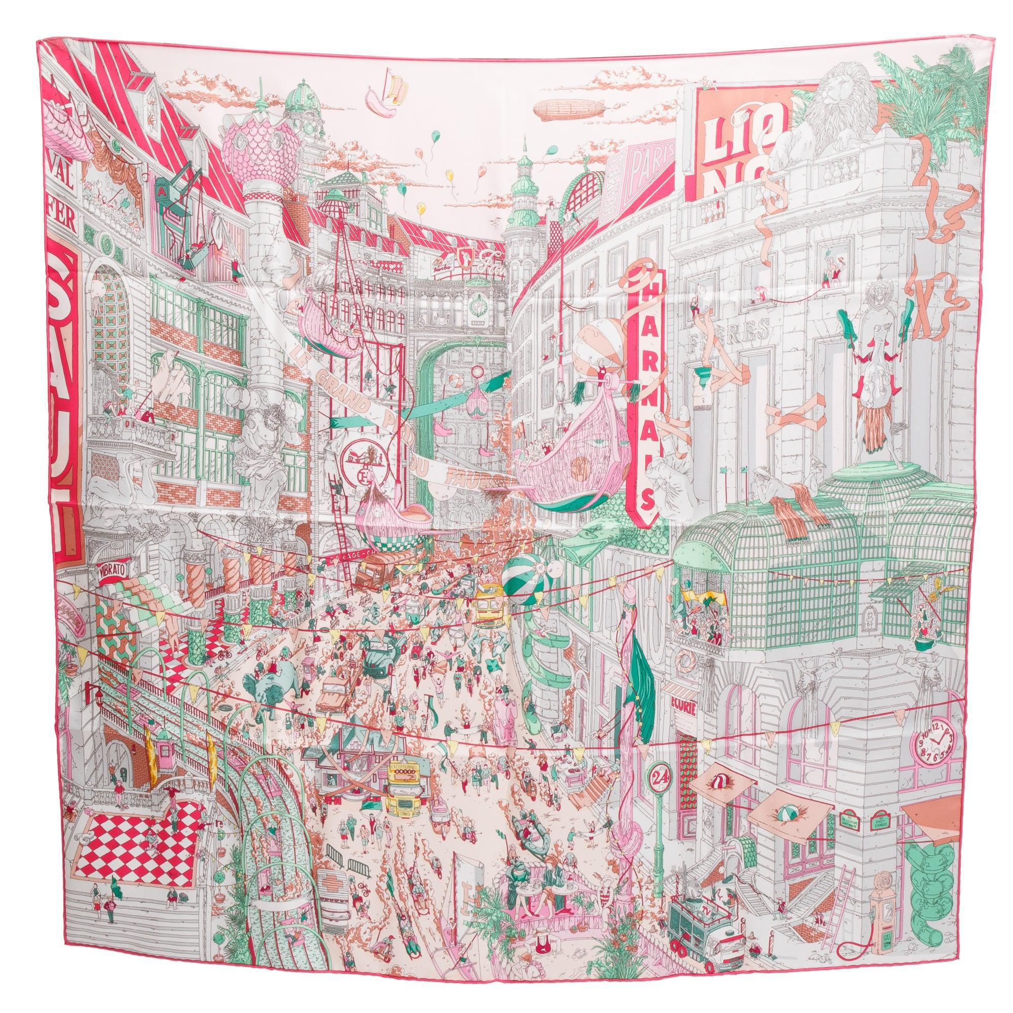 Hermes Pink Multicolor 'Le Grand Prix Du Faubourg' Silk Scarf 90 w/ Box & Receipt