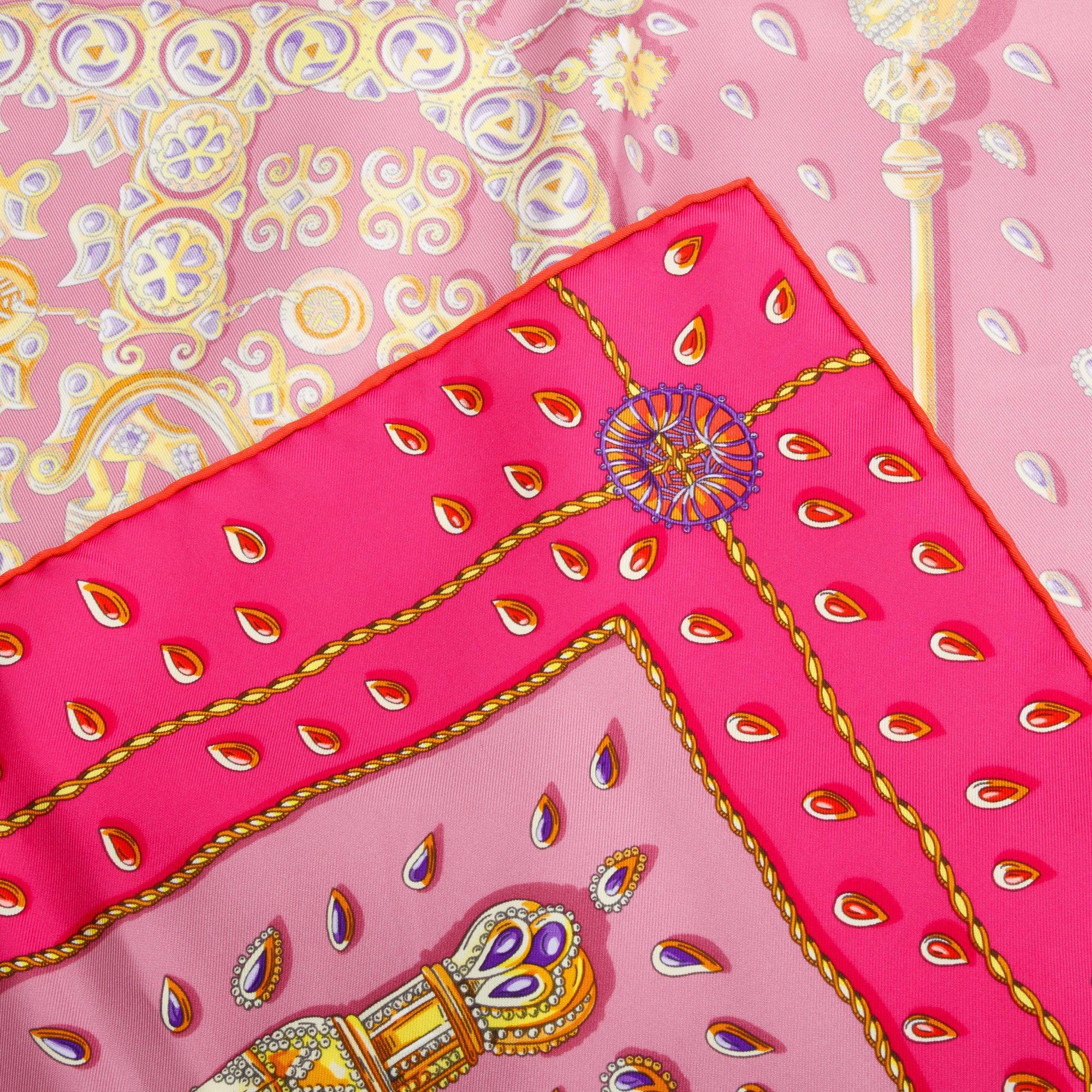 Hermes Pink Multicolor 'Tresors Retrouves' Silk Scarf 90