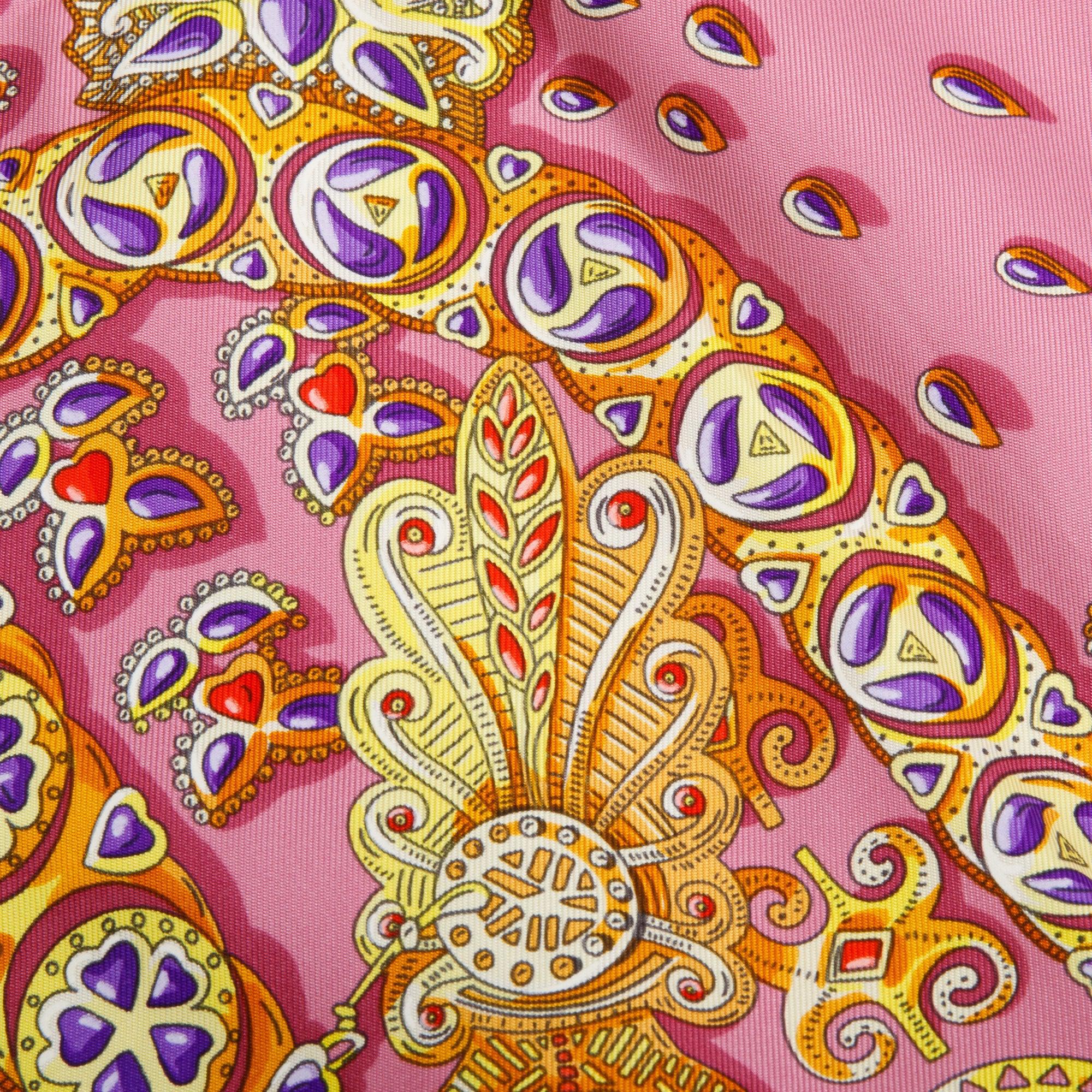 Hermes Pink Multicolor 'Tresors Retrouves' Silk Scarf 90
