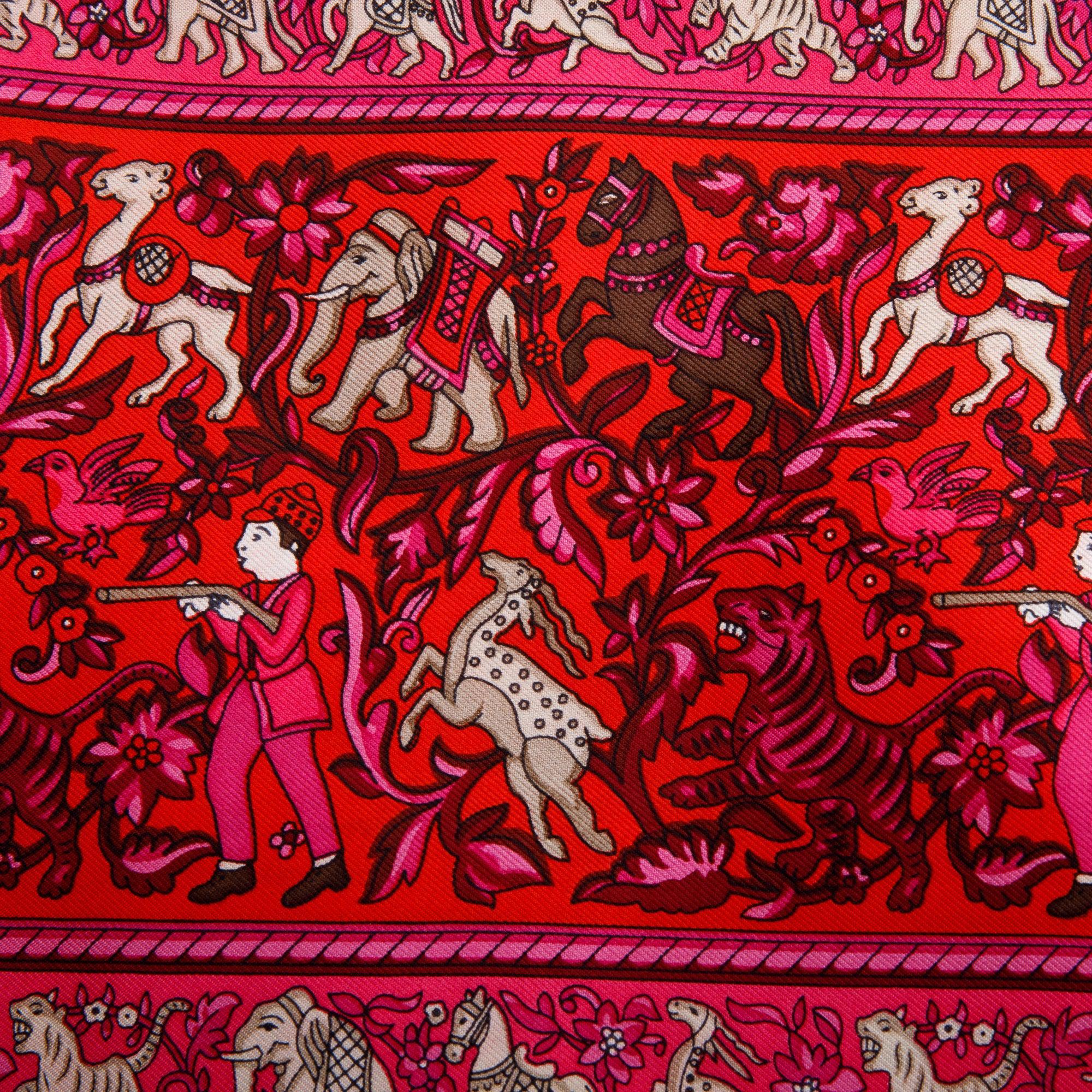 Hermes Pink/Red 'Chasse En Inde' Silk Scarf 90