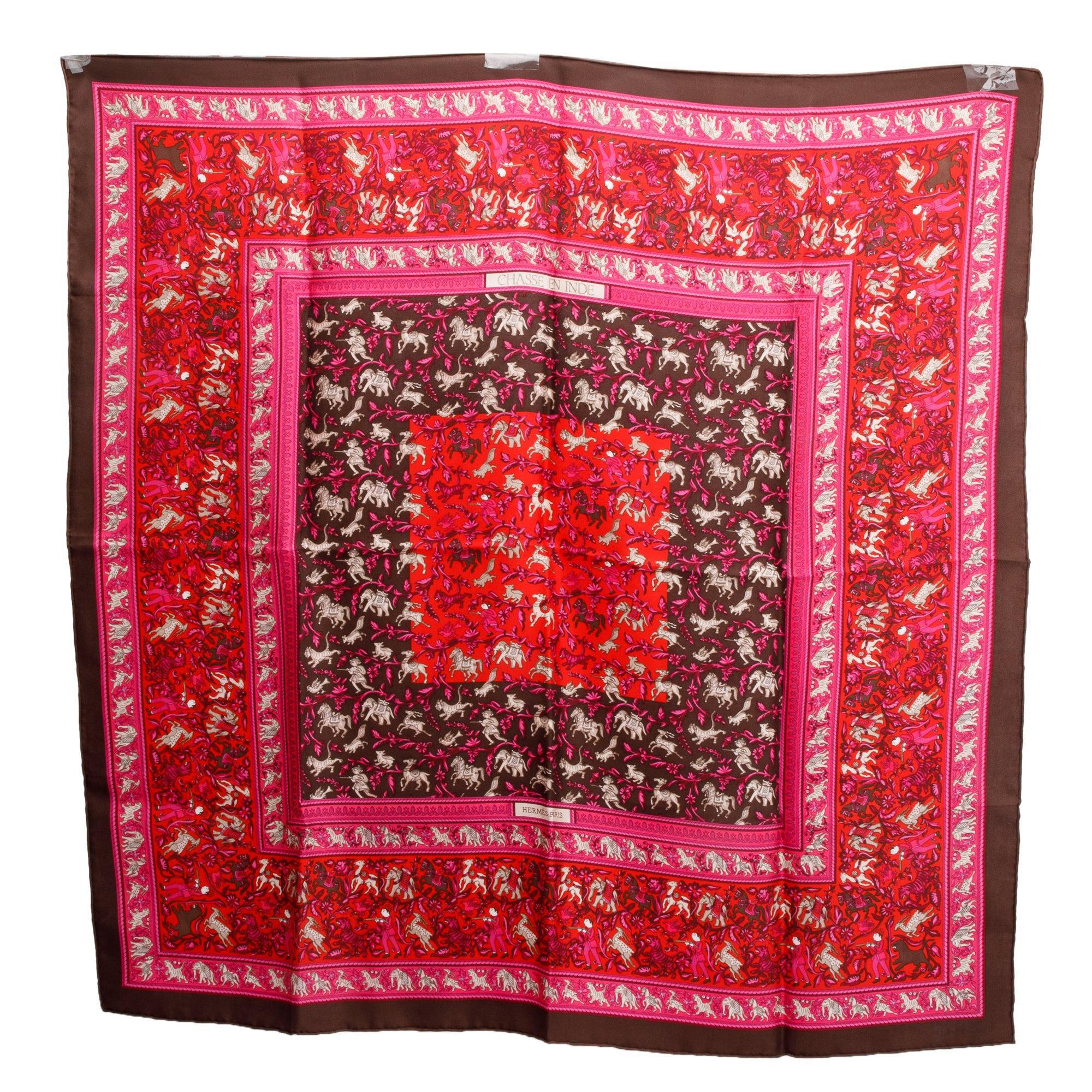 Hermes Pink/Red 'Chasse En Inde' Silk Scarf 90