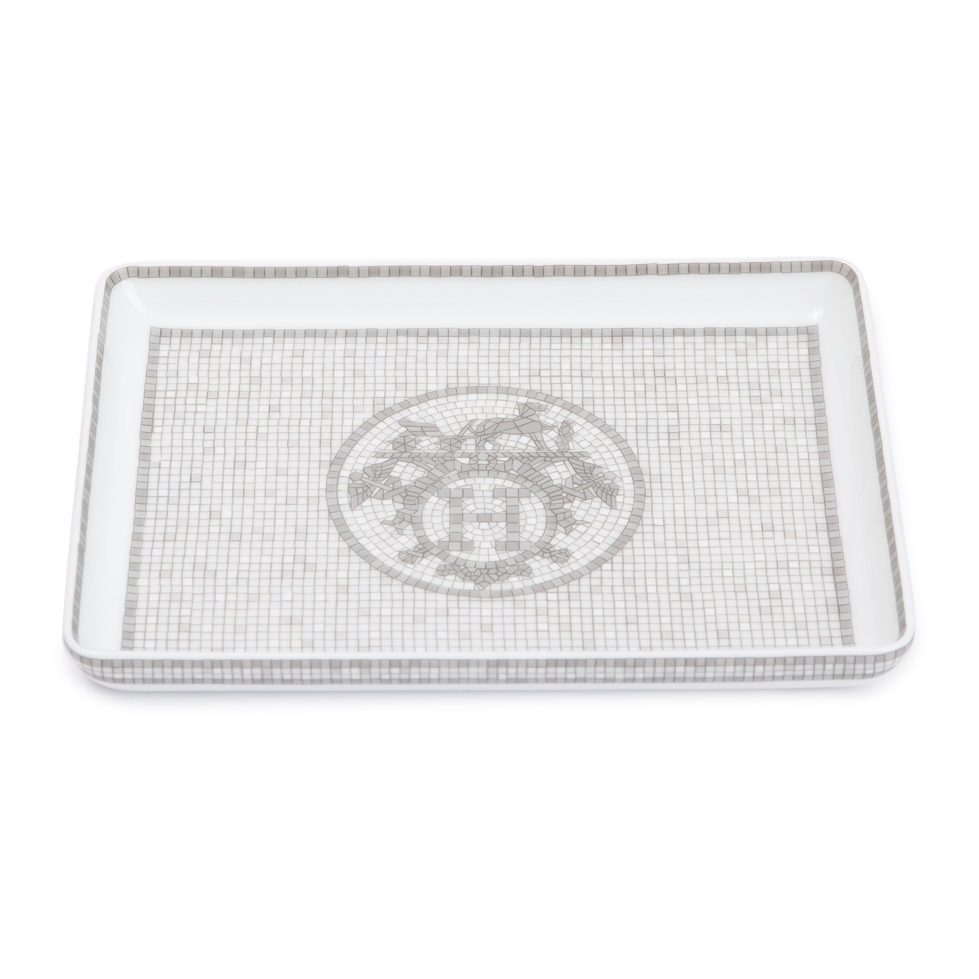 Hermes Porcelain Mosaique Au 24 Platinum Tray, Small Model w/ Box