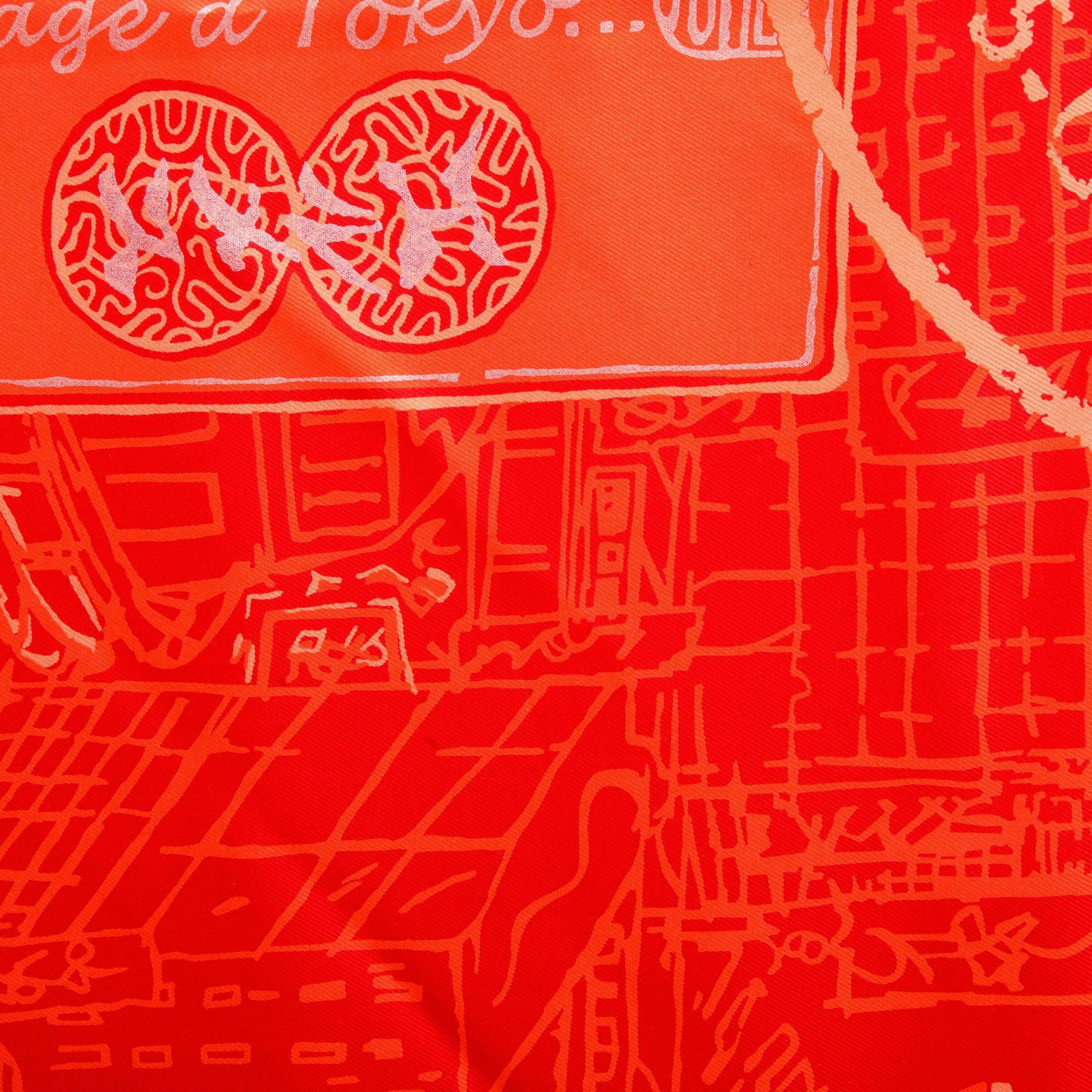 Hermes Red 'De Passage A Tokyo' Silk Scarf 90 w/ Box