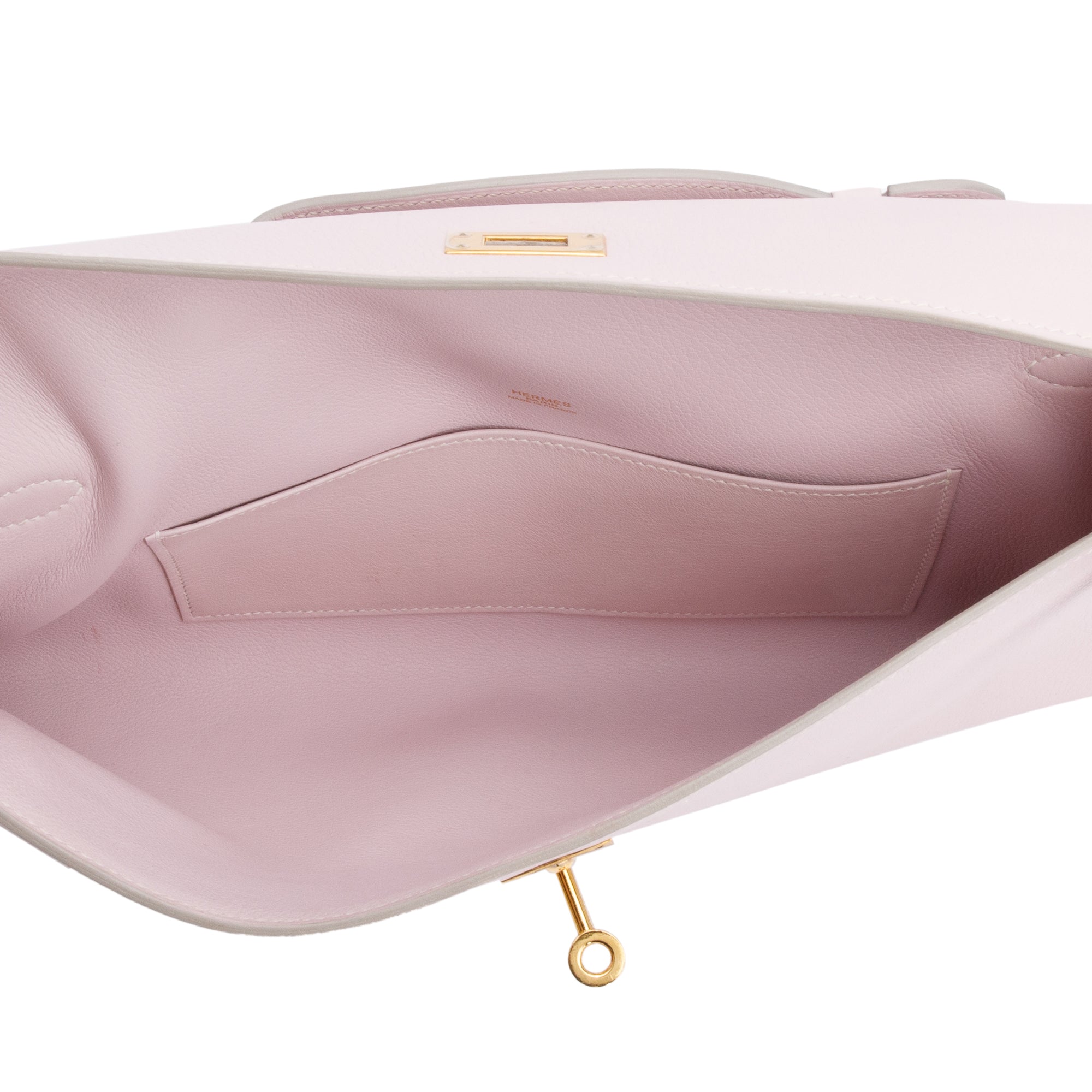 Hermes Rose Dragee Swift Leather Kelly Cut Clutch