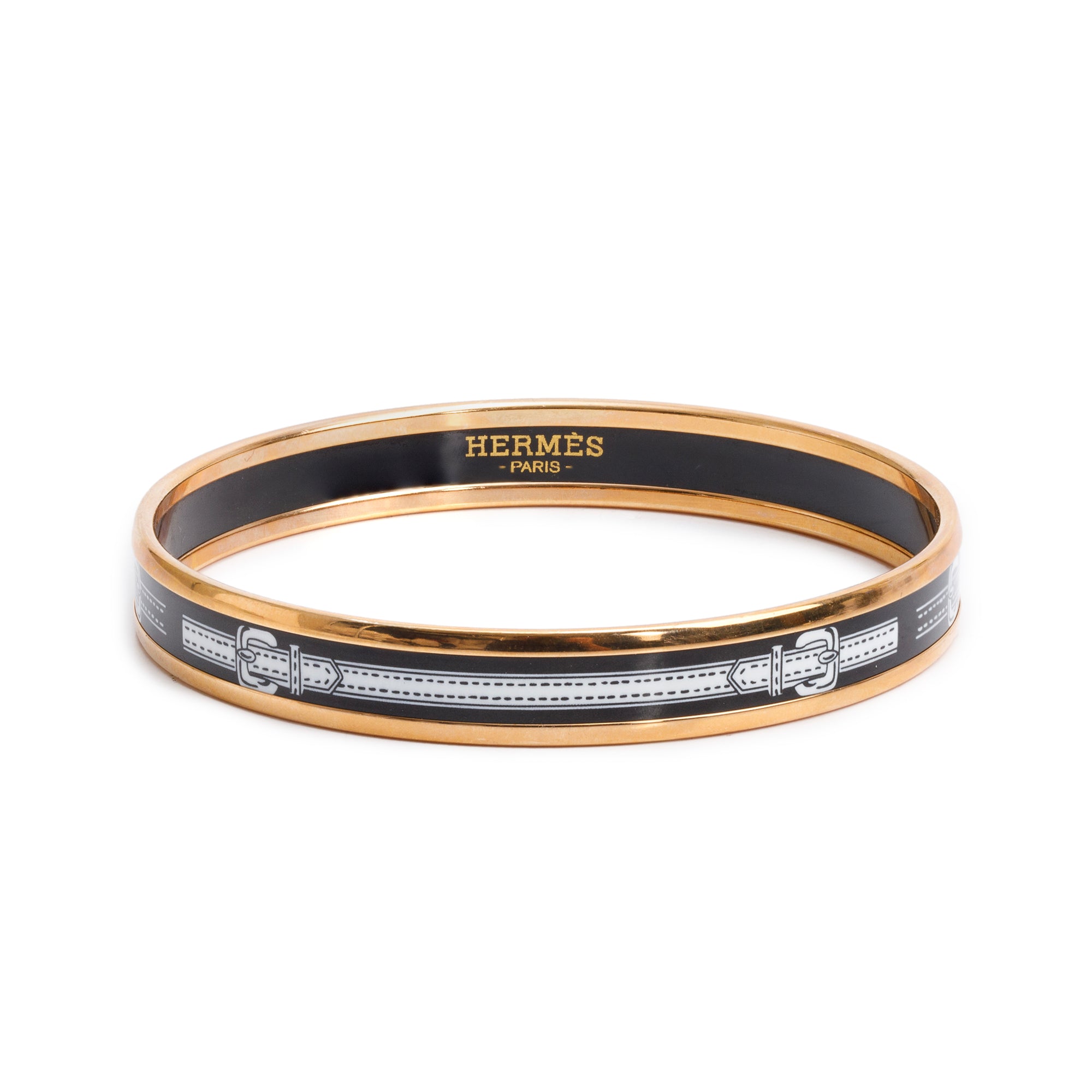 Hermes Rose Gold-Plated Black Belt Print Enamel Narrow Bangle