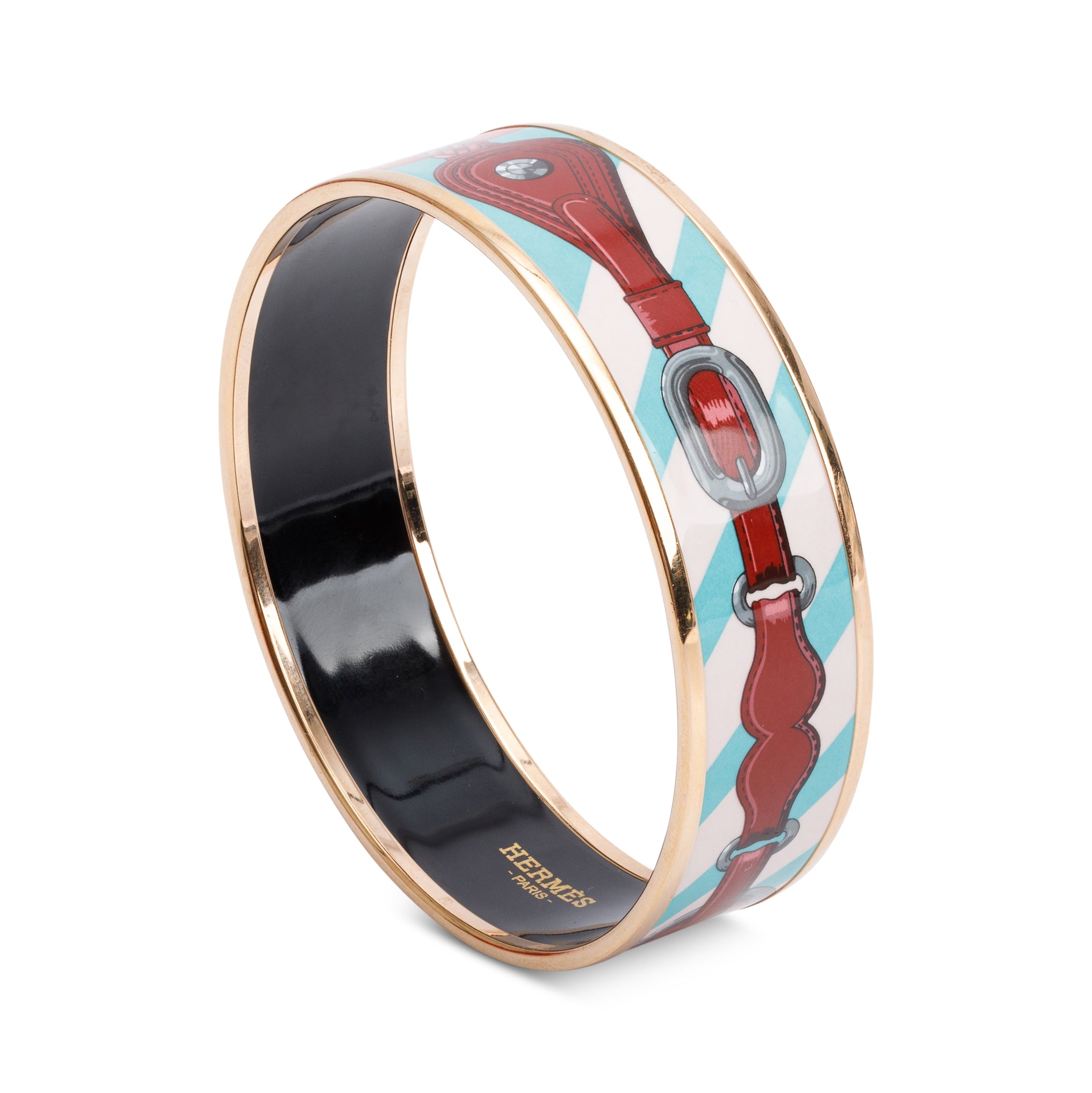 Hermes Rose Gold Plated Coaching Wide Enamel Bangle Bracelet w/ Box