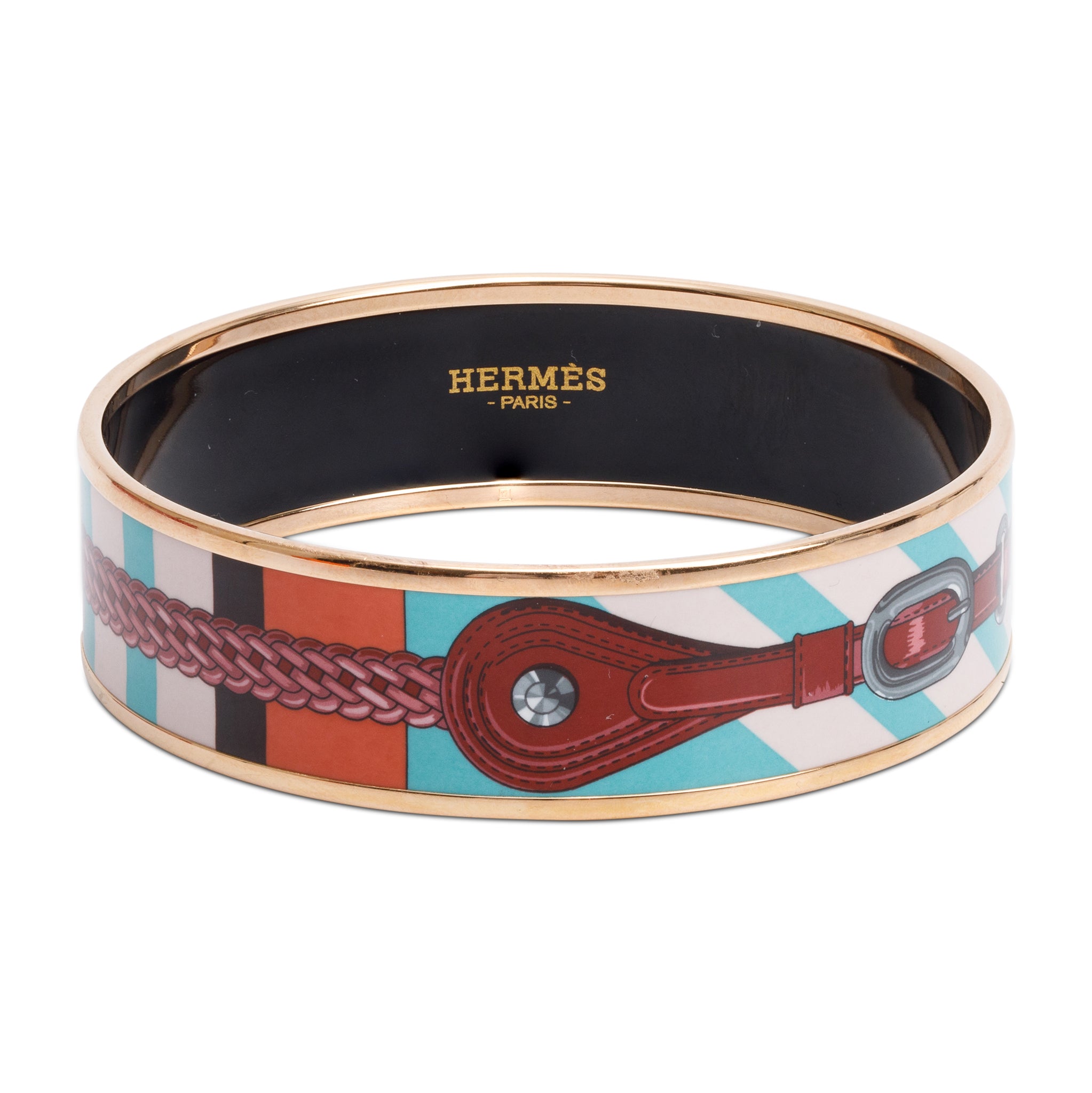 Hermes Rose Gold Plated Coaching Wide Enamel Bangle Bracelet w/ Box