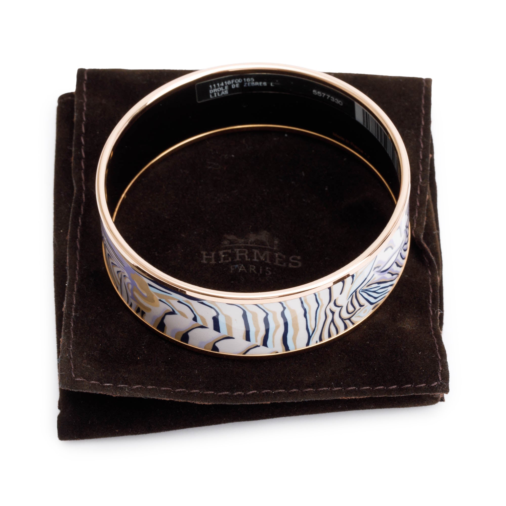 Hermes Rose Gold-Plated 'Droles de Zebres' Enamel Wide Bangle
