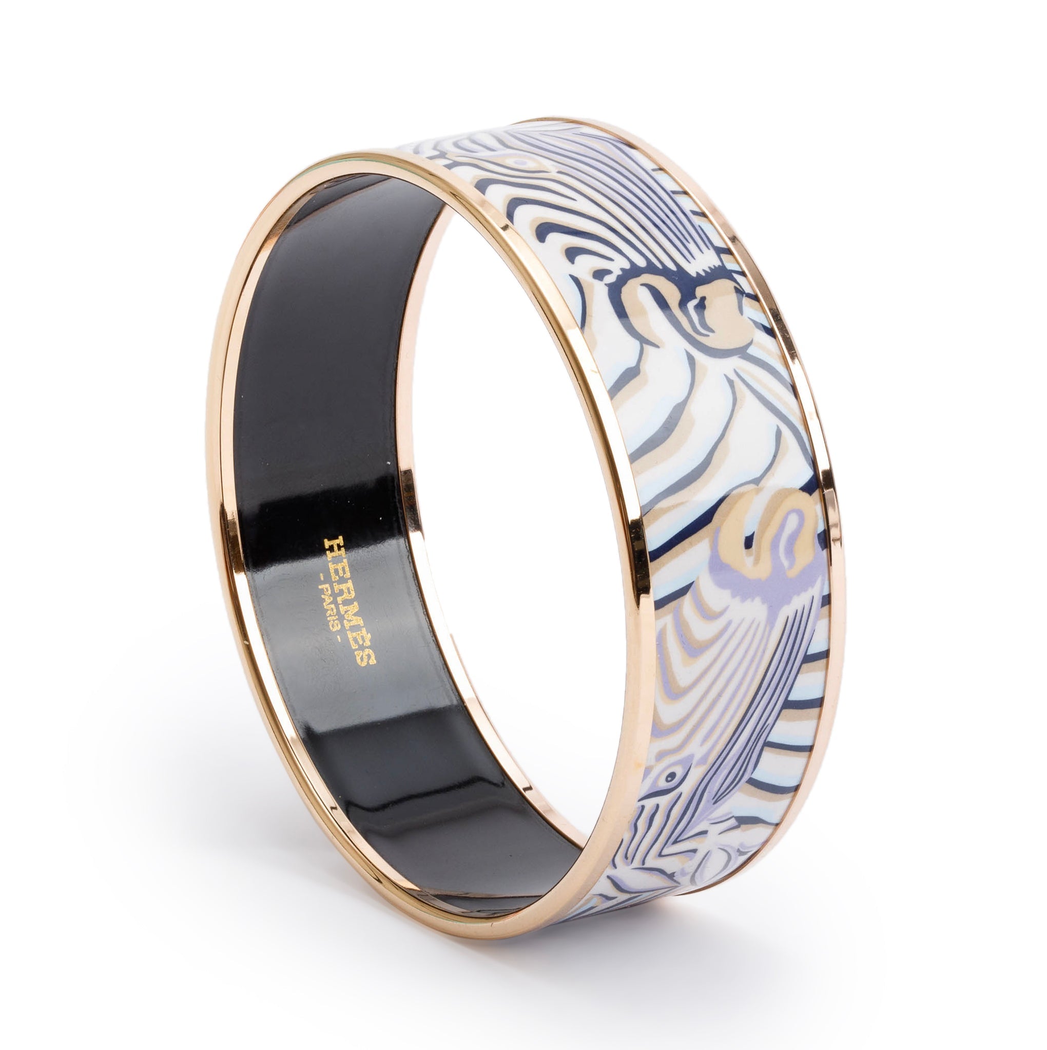 Hermes Rose Gold-Plated 'Droles de Zebres' Enamel Wide Bangle