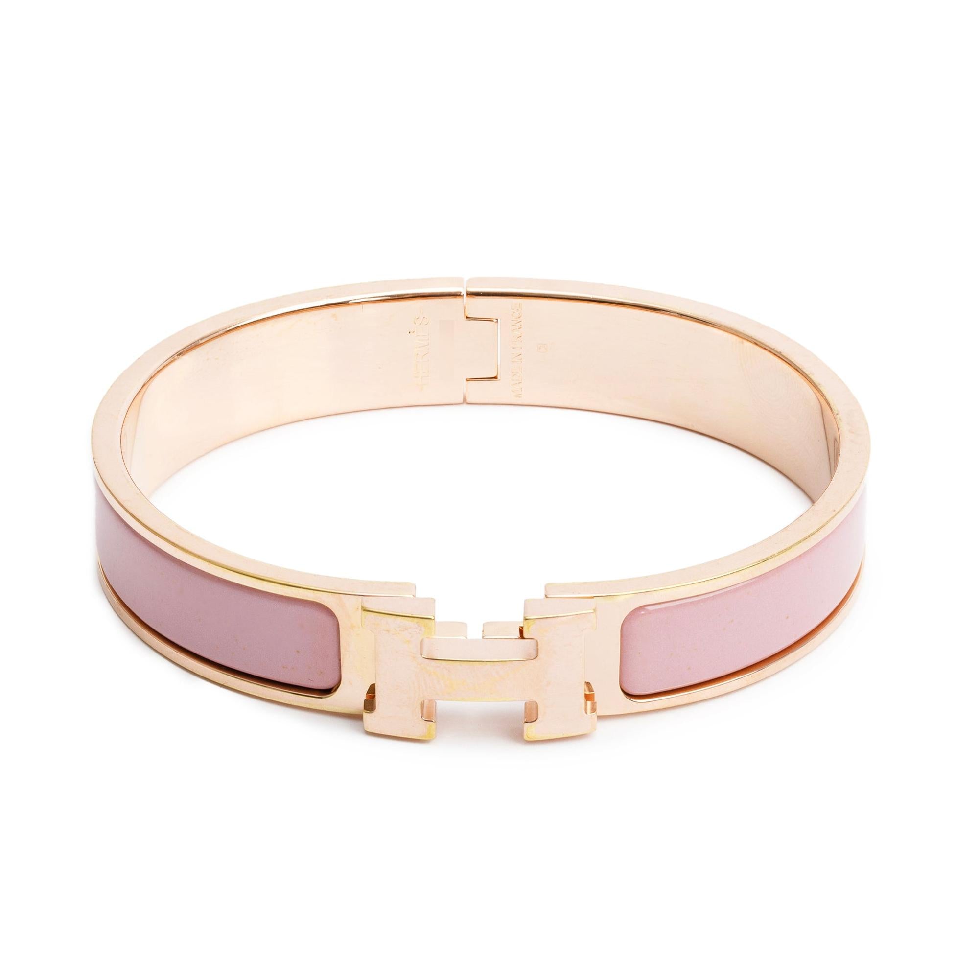 Hermes Rose Gold Plated Pink Enamel 12 MM Clic H Bracelet w/ Box
