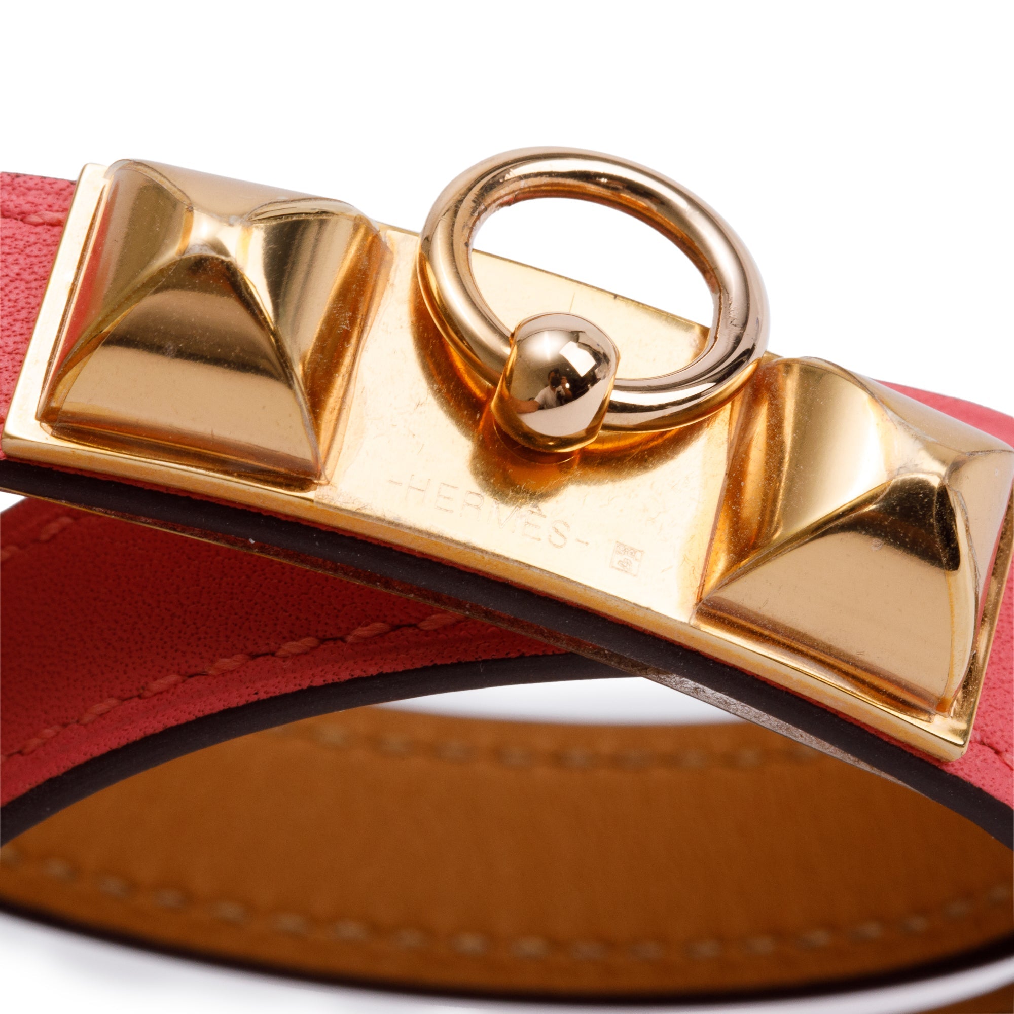 Hermes Rose Gold Plated Rivale Double Tour Pink Leather Bracelet, Size S w/ Box