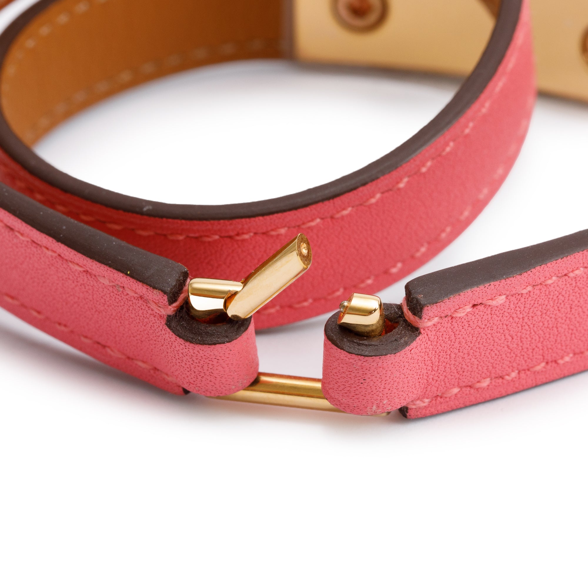 Hermes Rose Gold Plated Rivale Double Tour Pink Leather Bracelet, Size S w/ Box