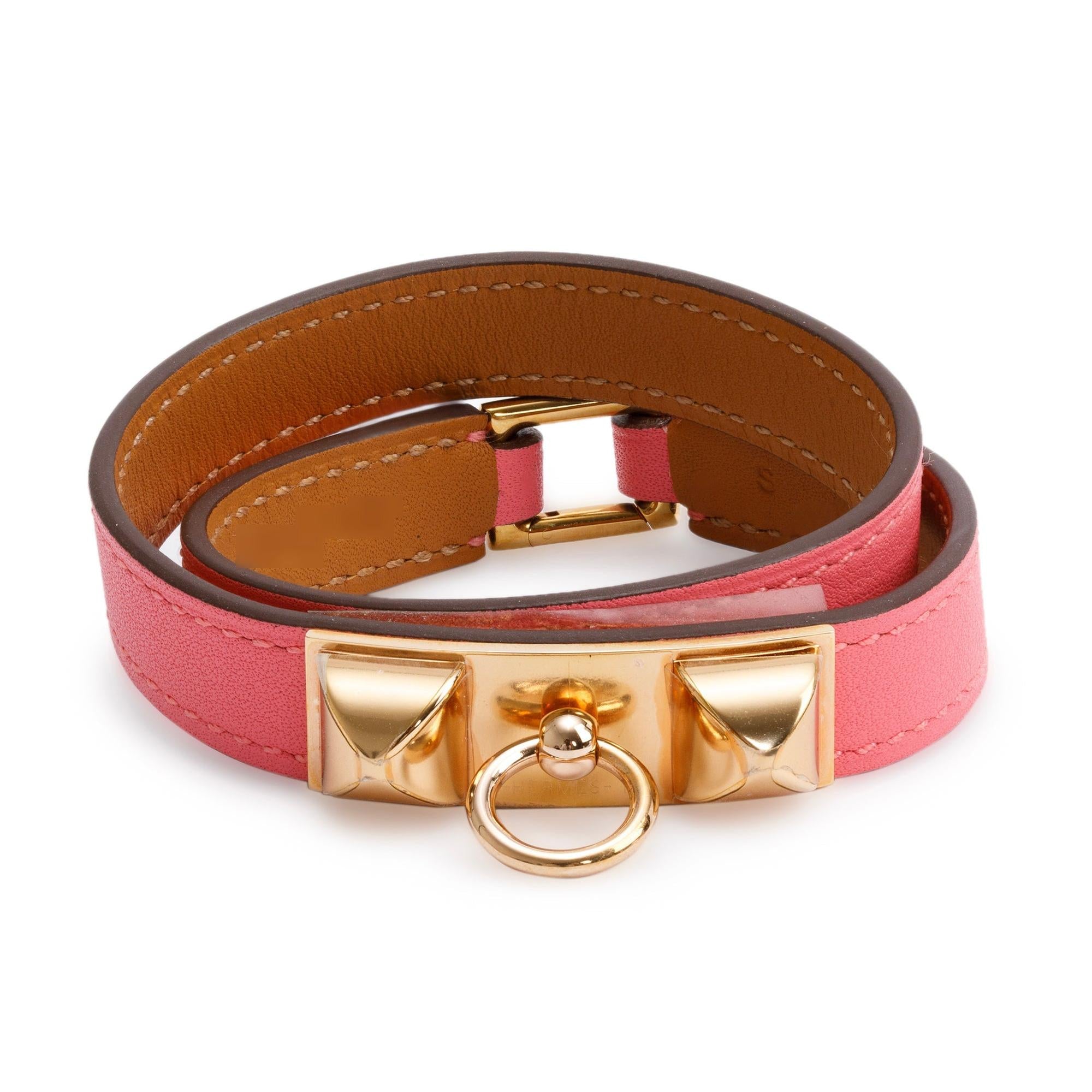 Hermes Rose Gold Plated Rivale Double Tour Pink Leather Bracelet, Size S w/ Box
