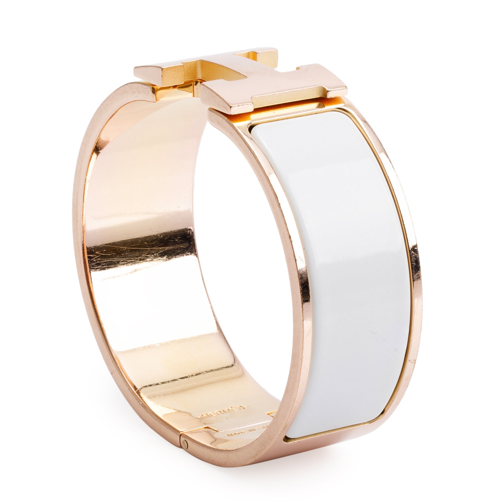 Hermes Rose Gold-Plated White Enamel Clic Clac H Bracelet