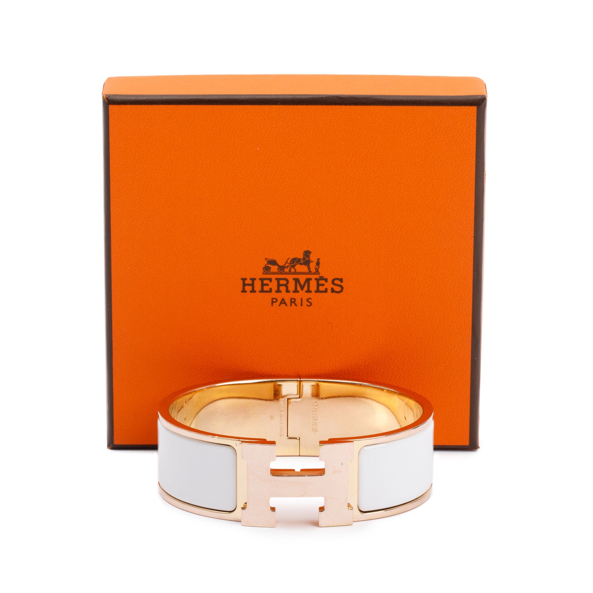 Hermes Rose Gold-Plated White Enamel Clic Clac H Bracelet w/ Box