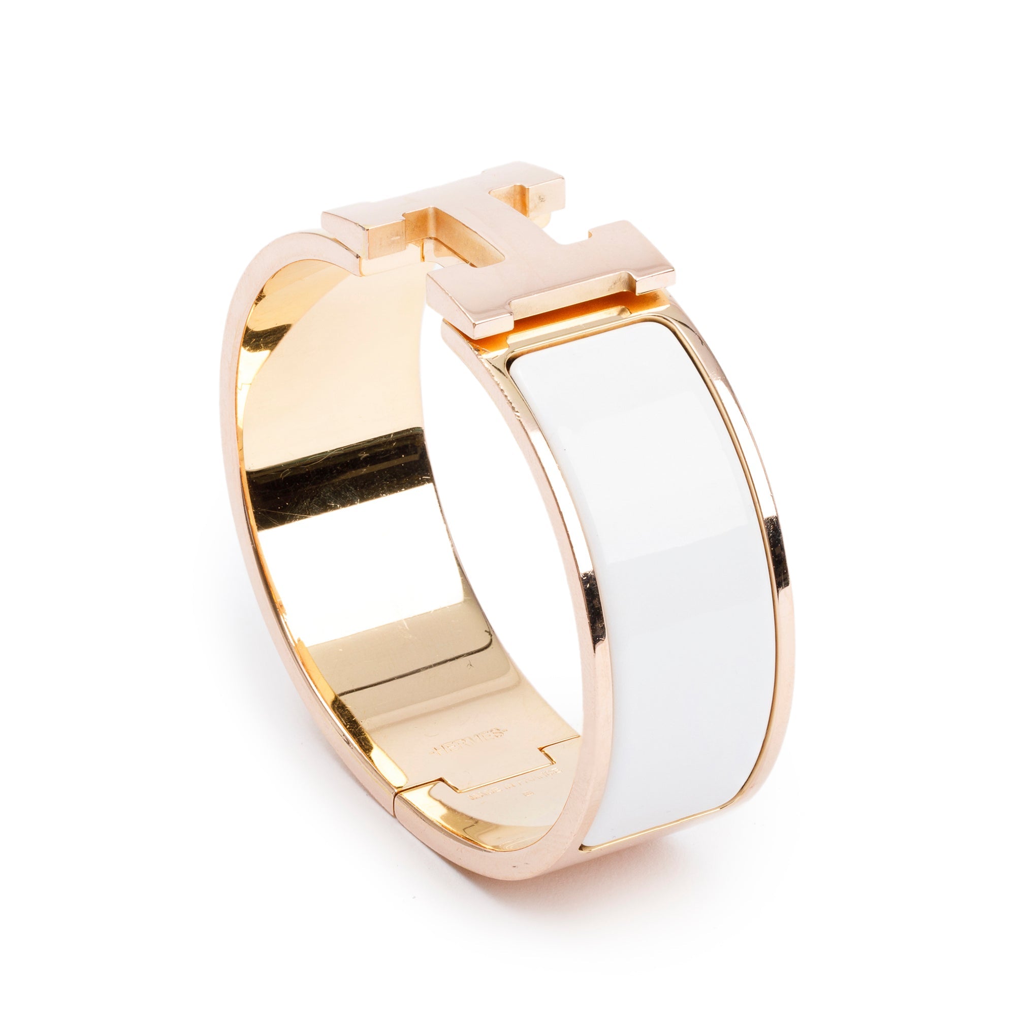Hermes Rose Gold-Plated White Enamel Clic Clac H Bracelet w/ Box
