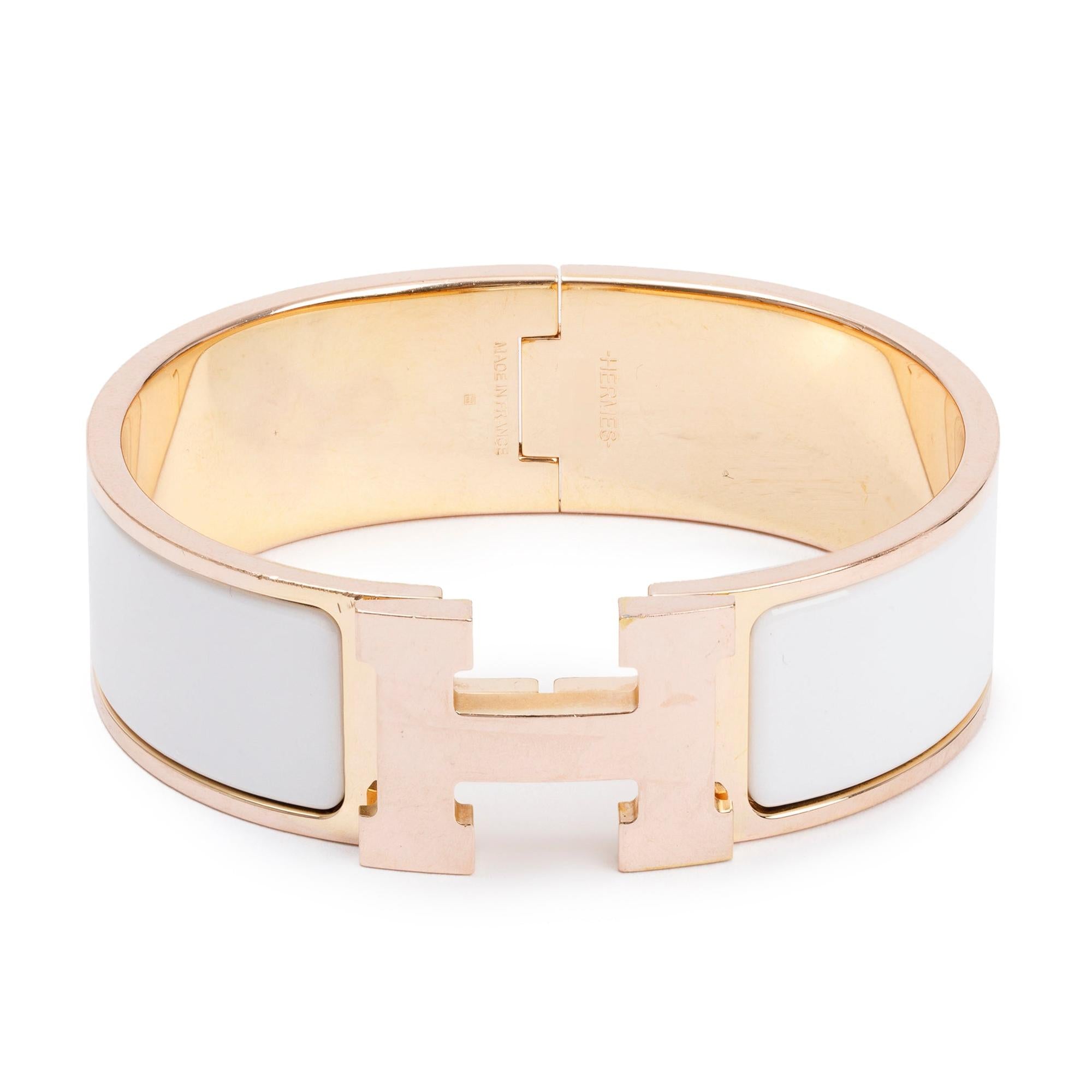 Hermes Rose Gold-Plated White Enamel Clic Clac H Bracelet w/ Box