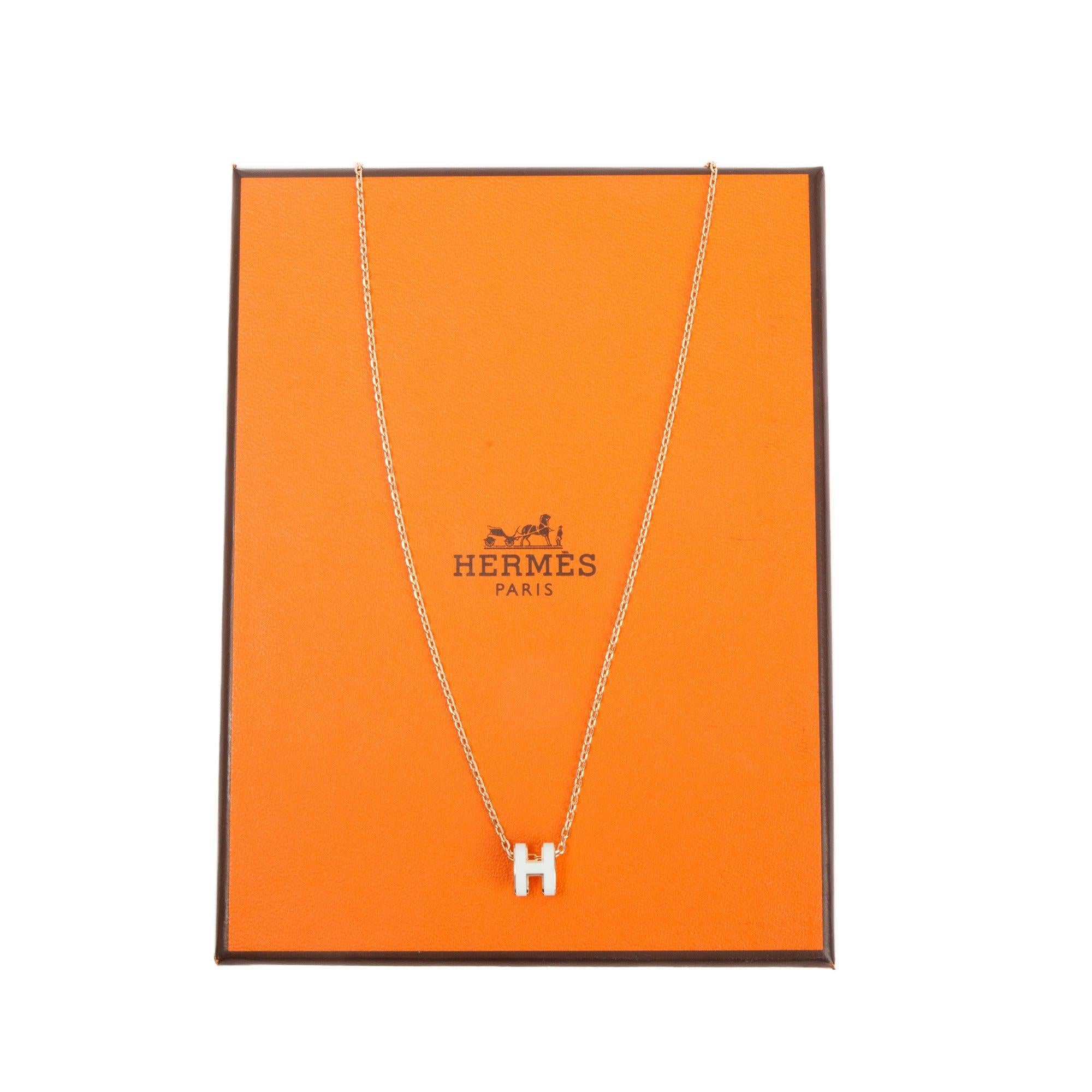 Hermes Rose Gold-Plated White Lacquered Mini Pop H Pendant Necklace w/ Box & Receipt