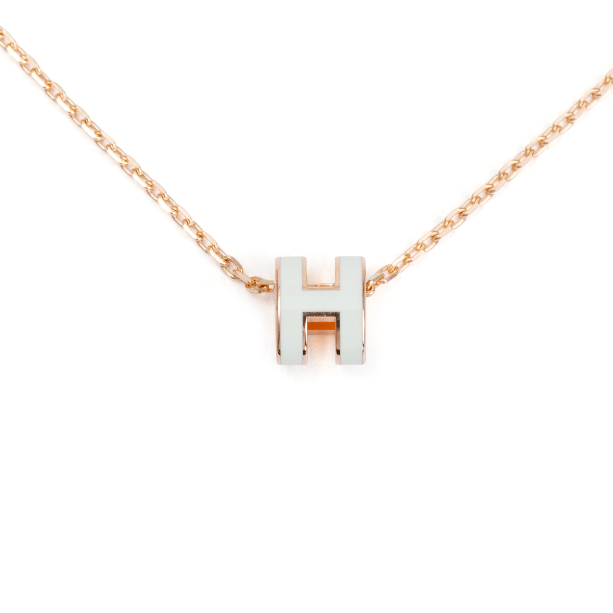 Hermes Rose Gold-Plated White Lacquered Mini Pop H Pendant Necklace w/ Box & Receipt