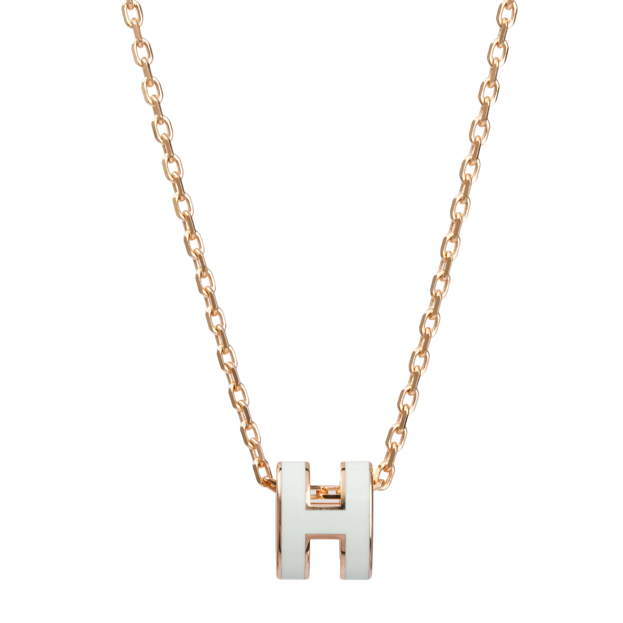 Hermes Rose Gold-Plated White Lacquered Mini Pop H Pendant Necklace w/ Box & Receipt