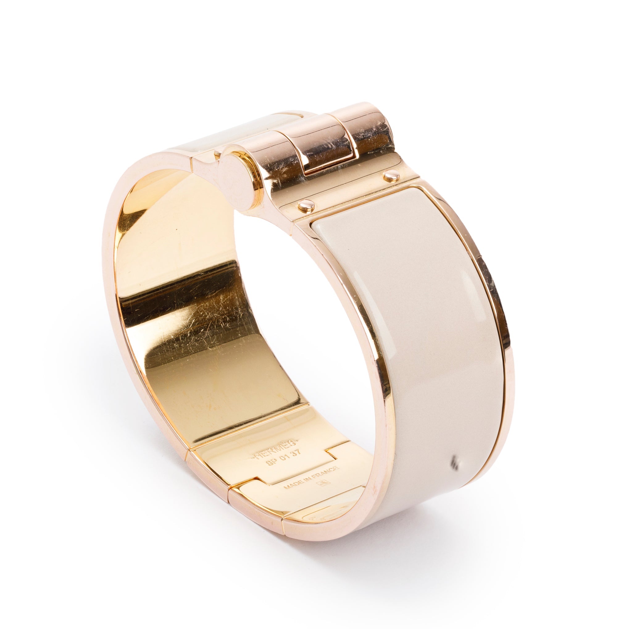 Hermes Rose Gold Plated Wide Hinged Beige Rose Enamel Bracelet