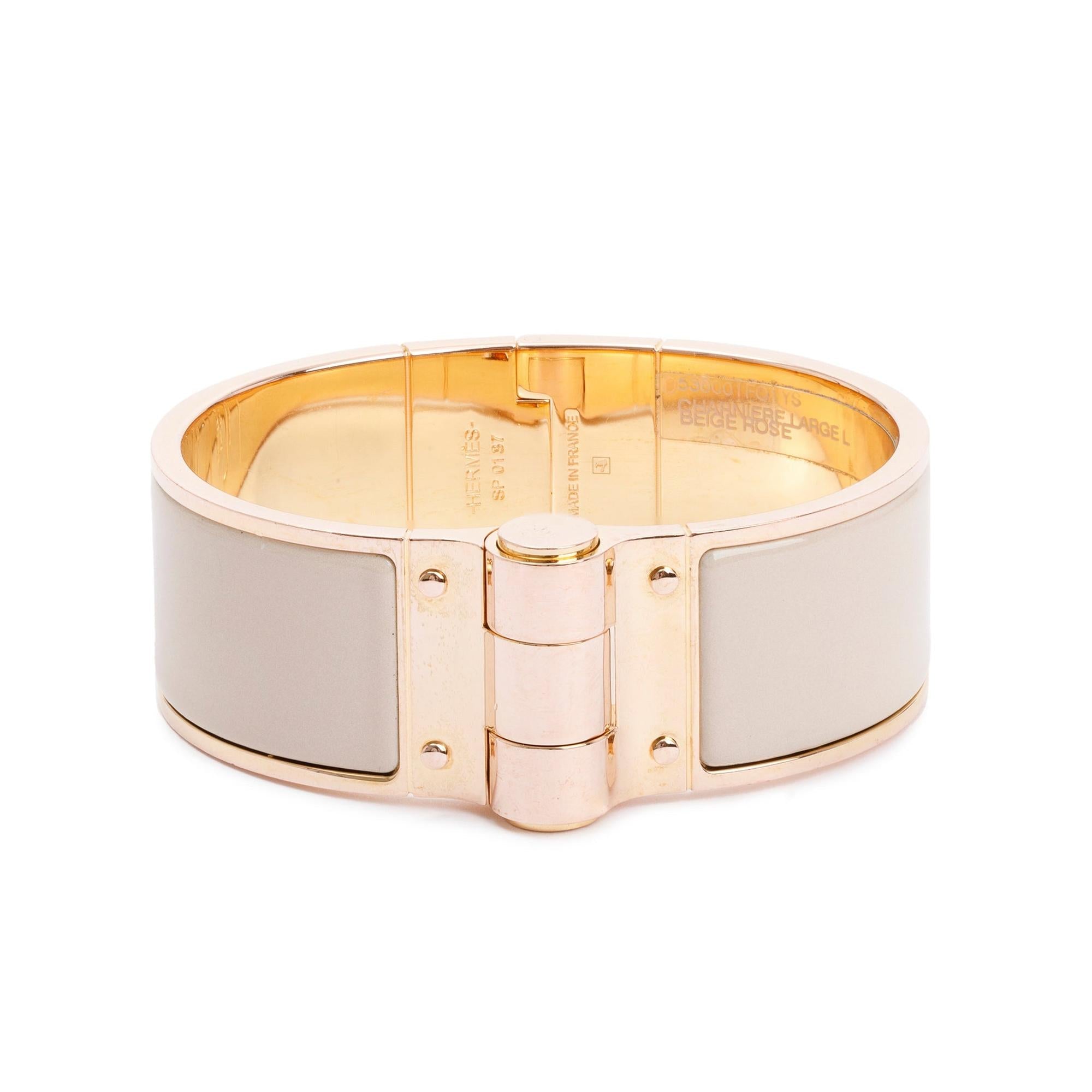 Hermes Rose Gold Plated Wide Hinged Beige Rose Enamel Bracelet