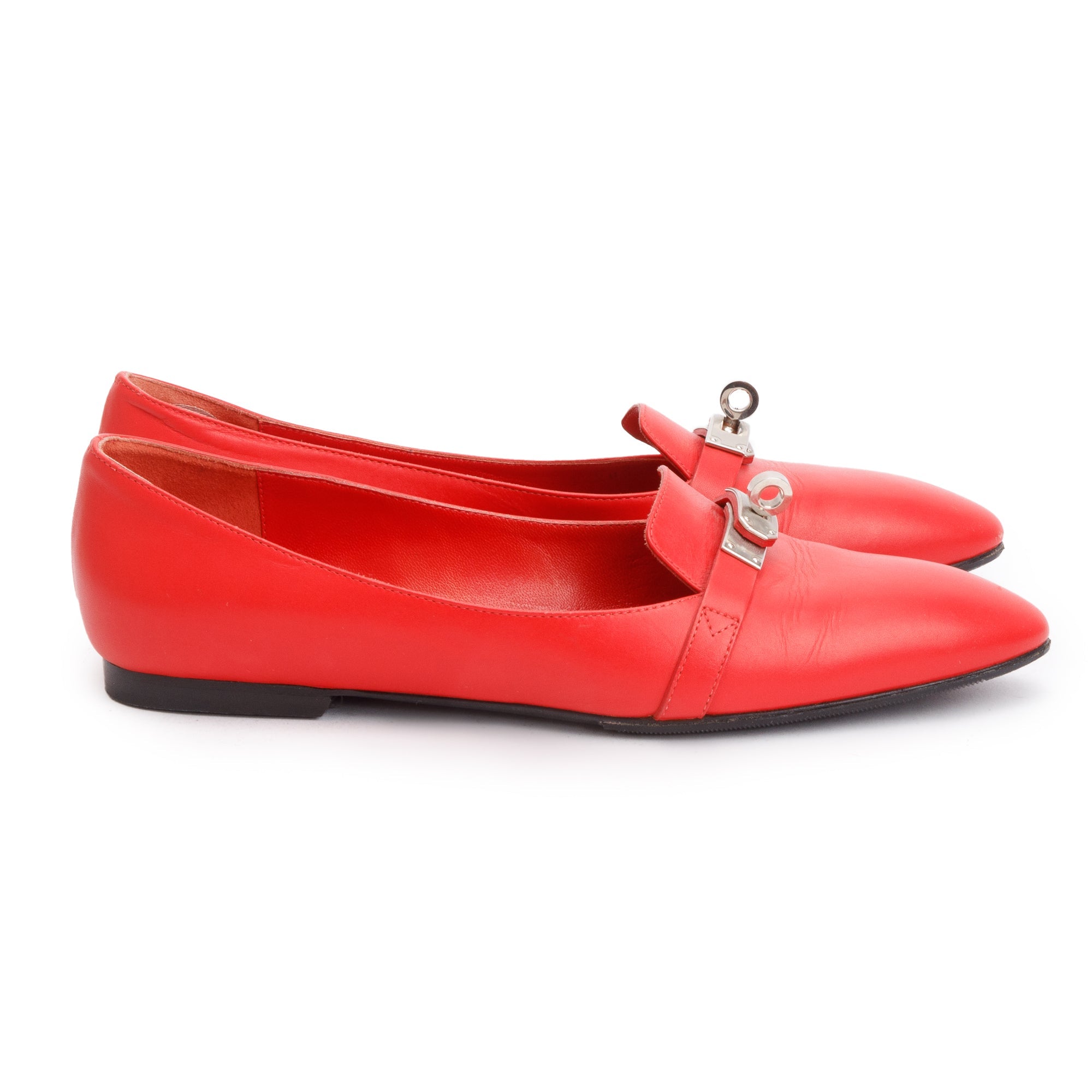 Hermes Rouge Box Leather Pegase MIni Kelly Buckle Flat Shoes, Size 38