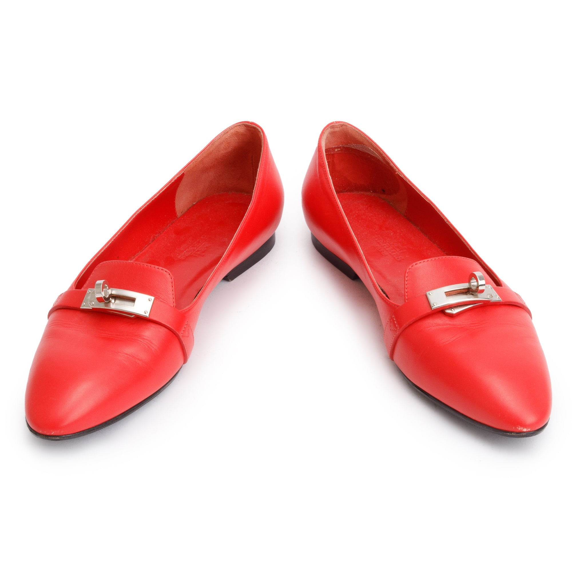 Hermes Rouge Box Leather Pegase MIni Kelly Buckle Flat Shoes, Size 38