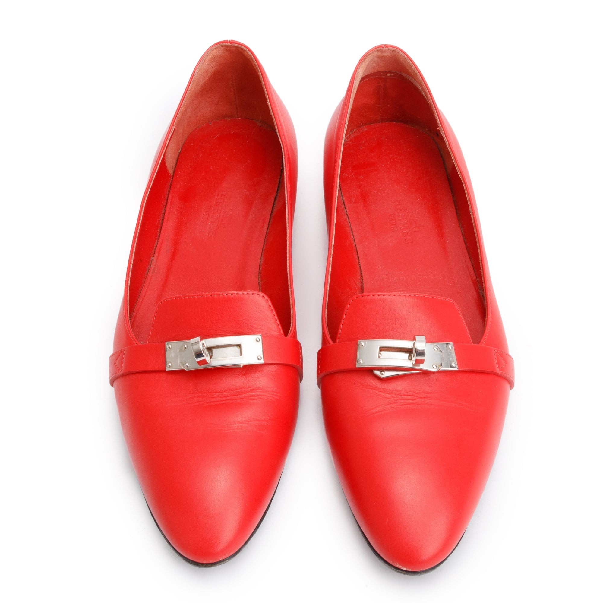 Hermes Rouge Box Leather Pegase MIni Kelly Buckle Flat Shoes, Size 38