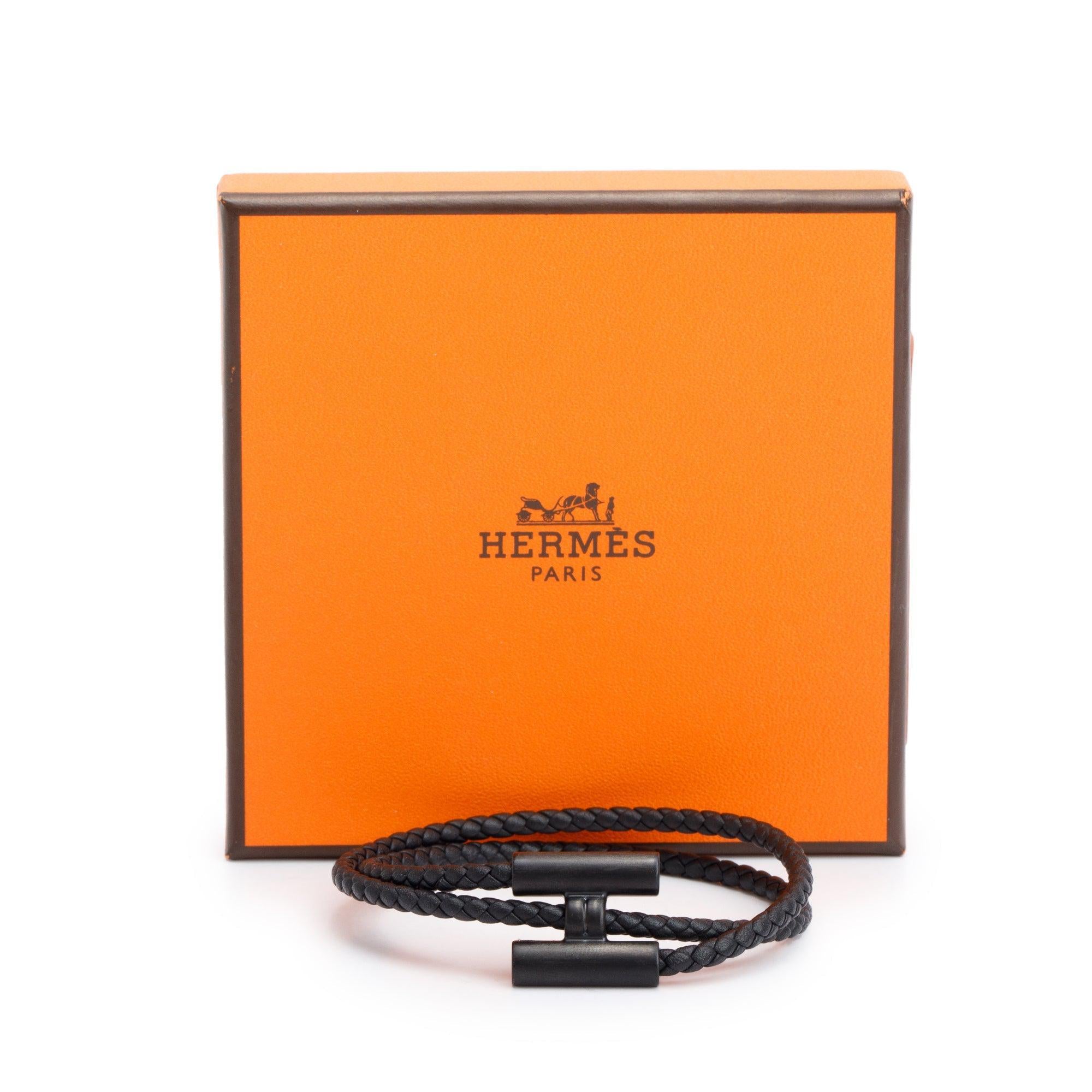 Hermes Ruthenium Plated Tournis Tresse Black Leather Bracelet w/ Box