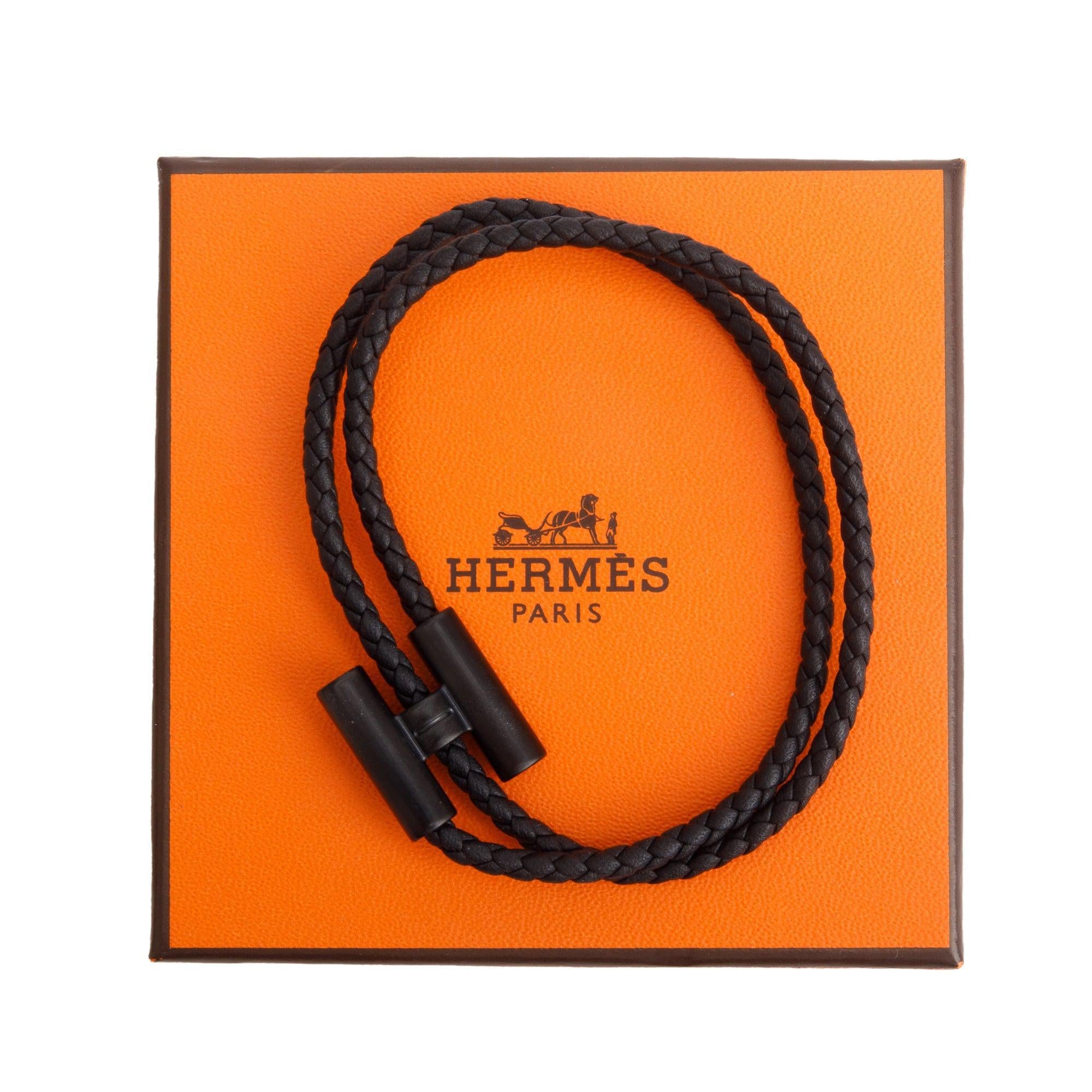 Hermes Ruthenium Plated Tournis Tresse Black Leather Bracelet w/ Box