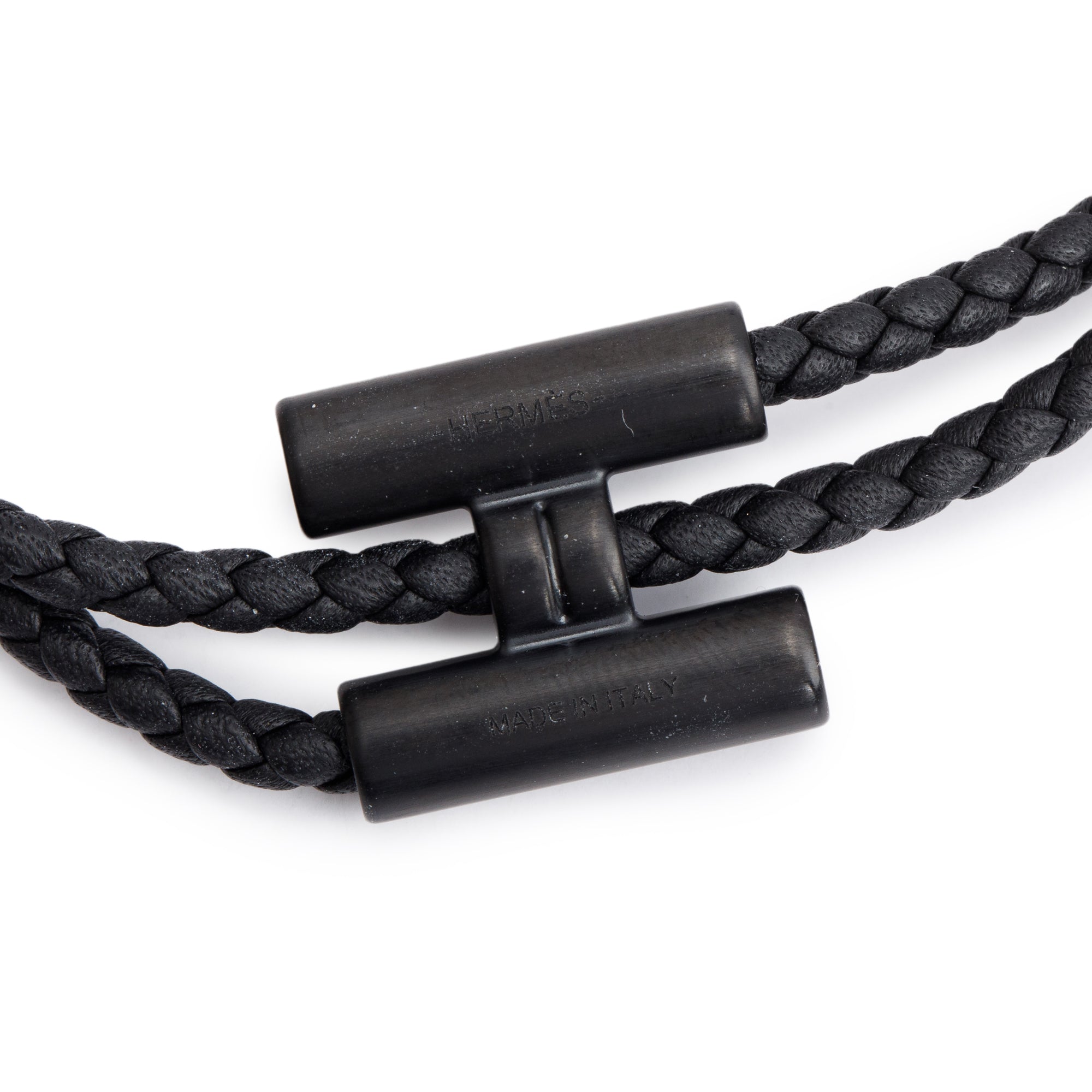 Hermes Ruthenium Plated Tournis Tresse Black Leather Bracelet w/ Box