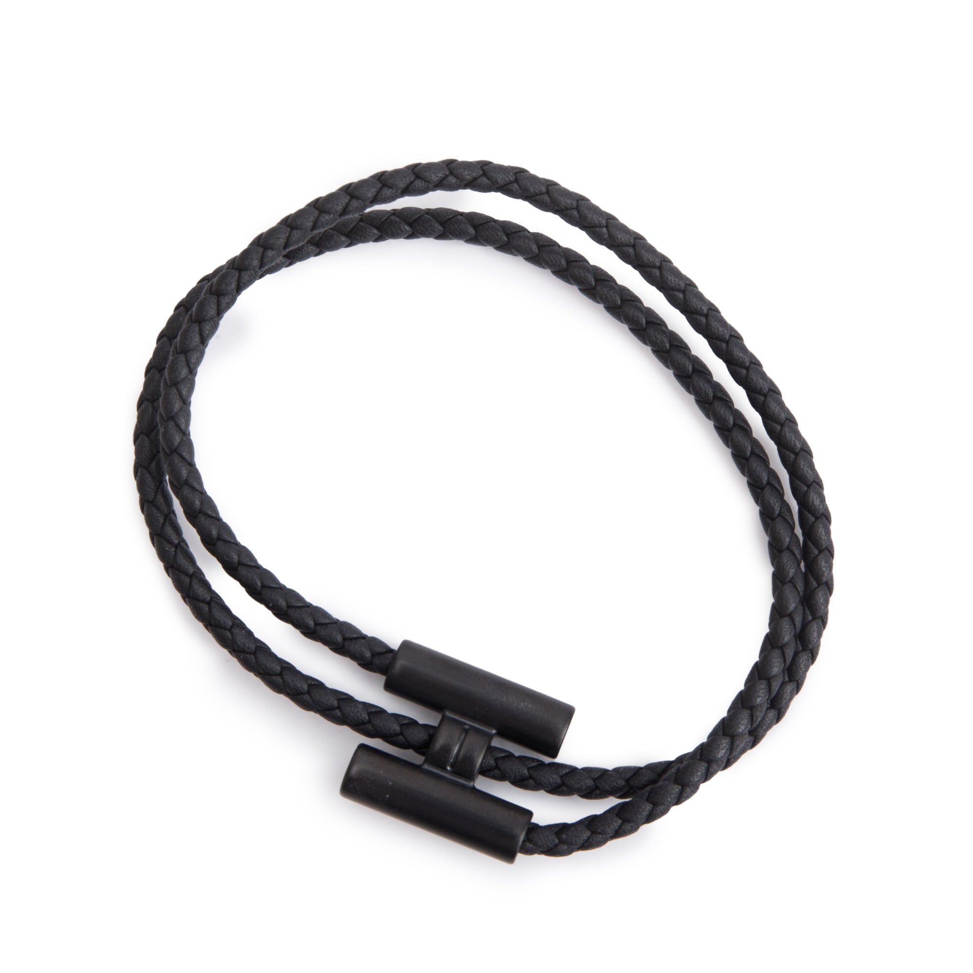 Hermes Ruthenium Plated Tournis Tresse Black Leather Bracelet w/ Box