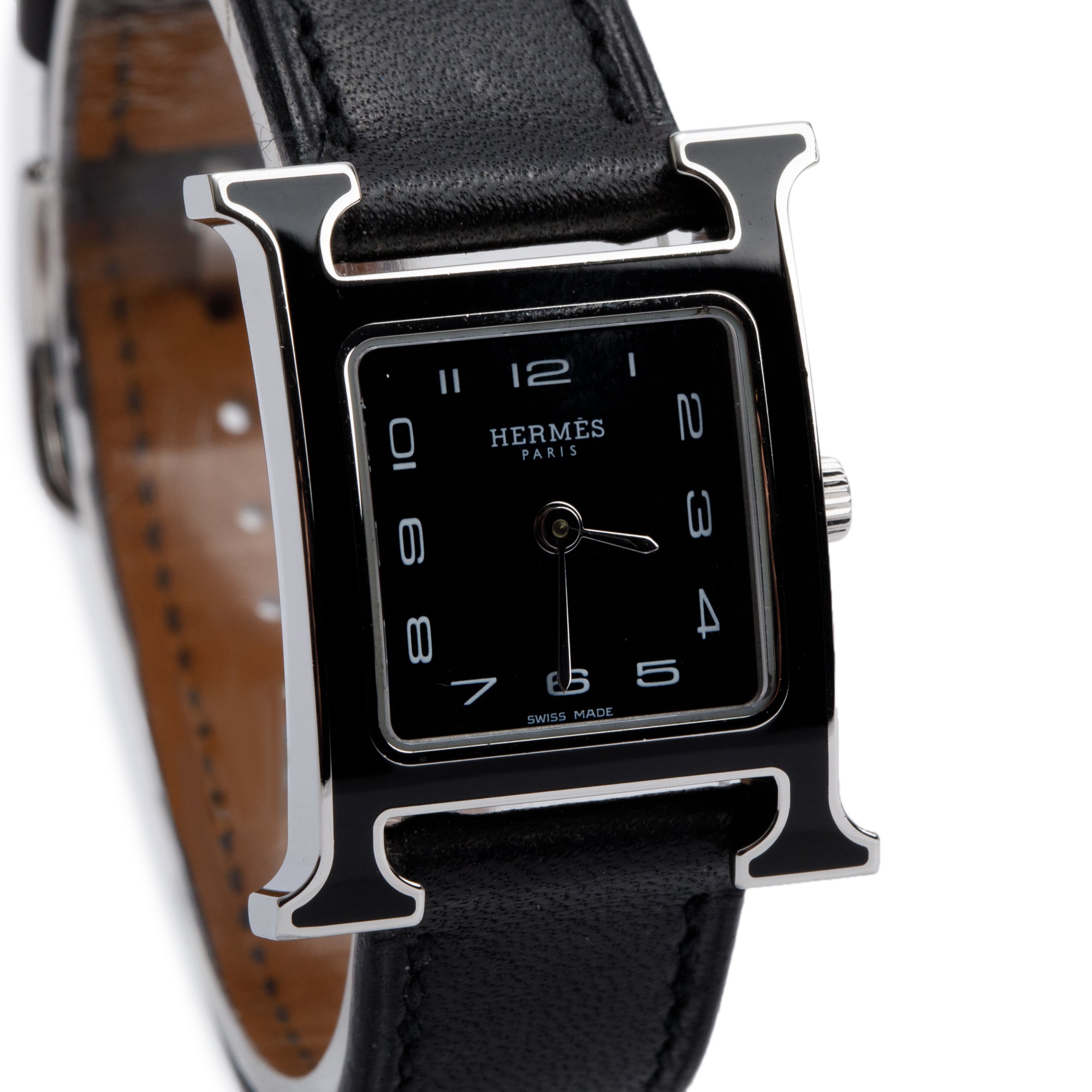 Hermes Stainless Steel Black Enamel Heure H Mini Model 21 MM Watch w/ Box & Papers