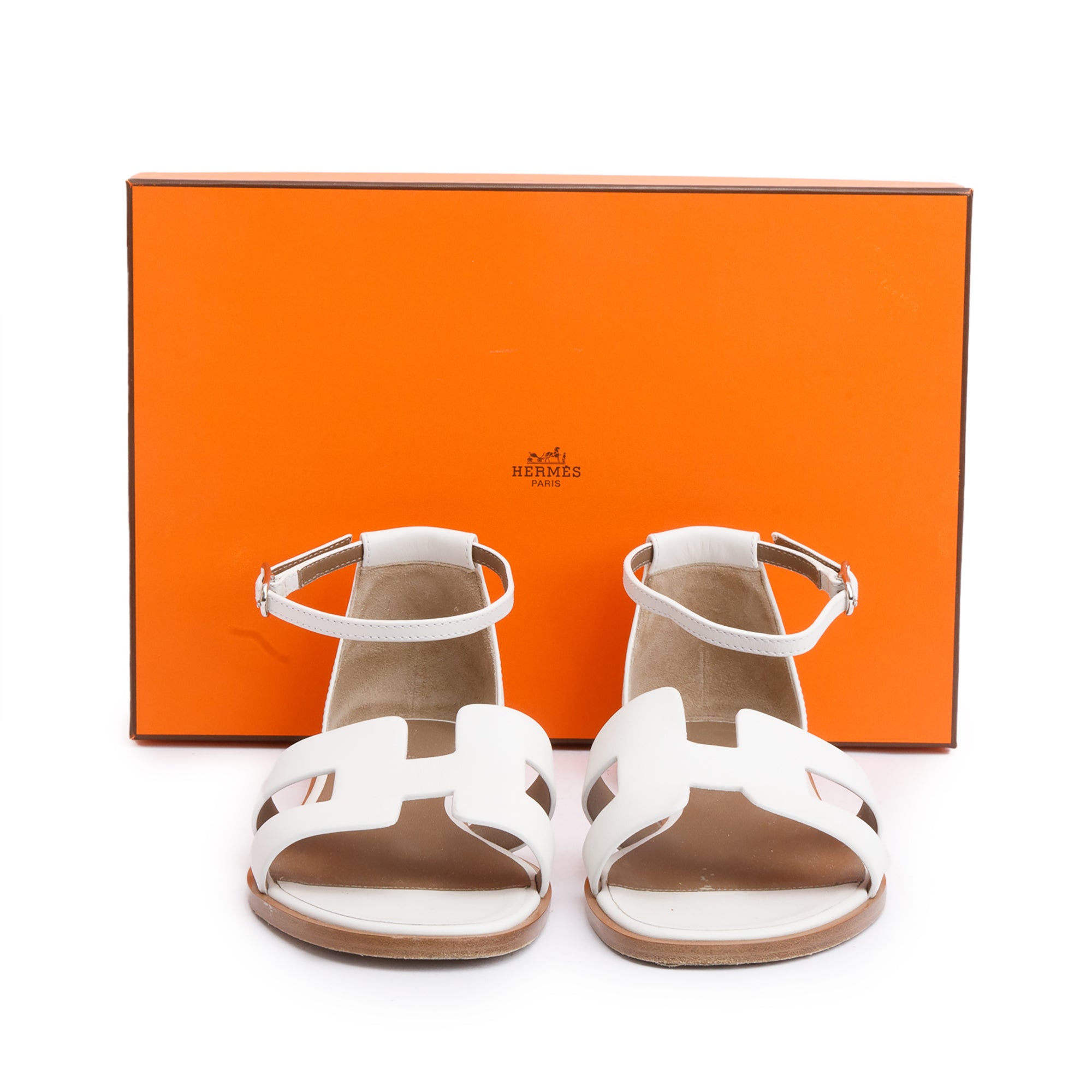 Hermes White Calfskin Leather Santorini Sandals, Size 39 w/ Box