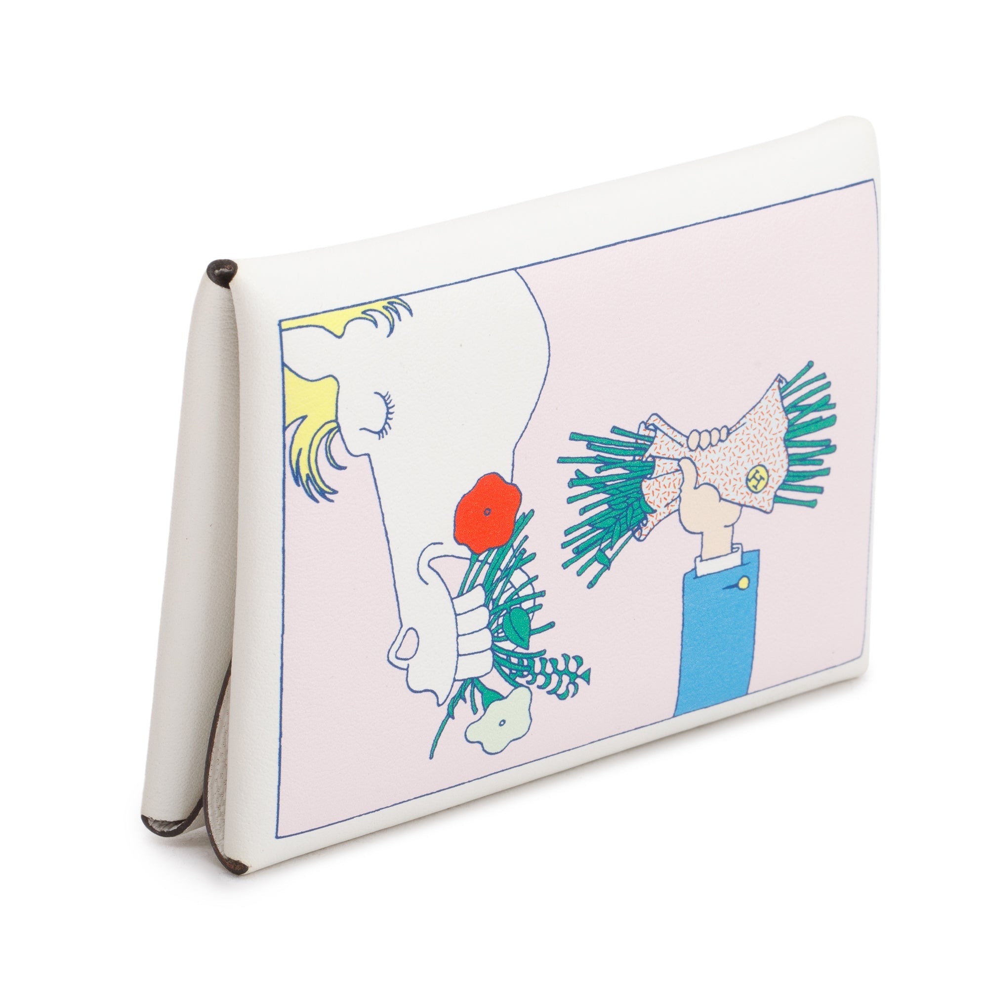 Hermes White Swift Leather Bouquet Calvi Duo Card Case w/ Box