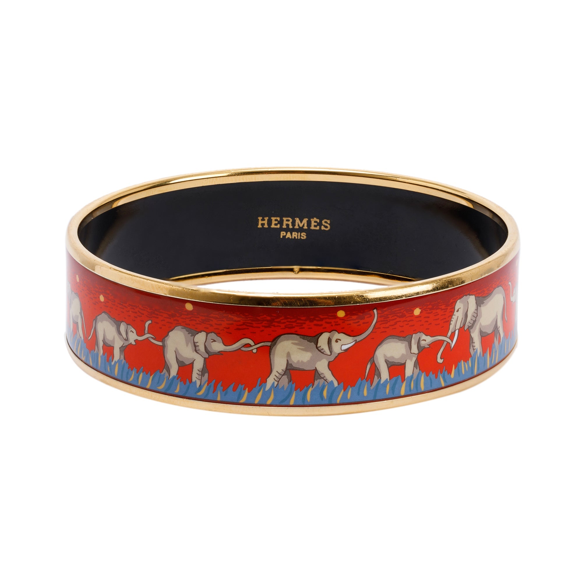 Hermes Wide Elephant Print Enamel Bangle Bracelet w/ Box