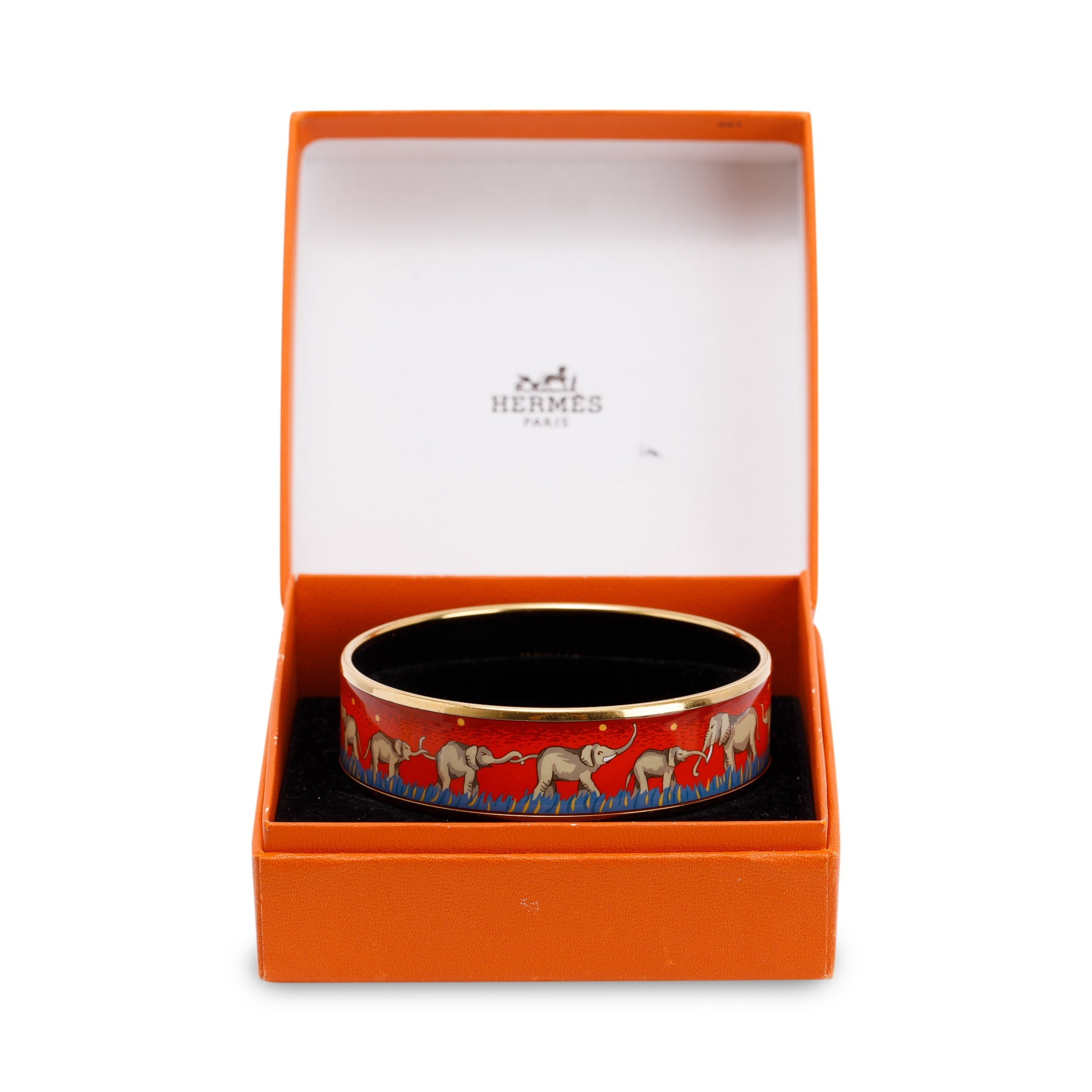 Hermes Wide Elephant Print Enamel Bangle Bracelet w/ Box