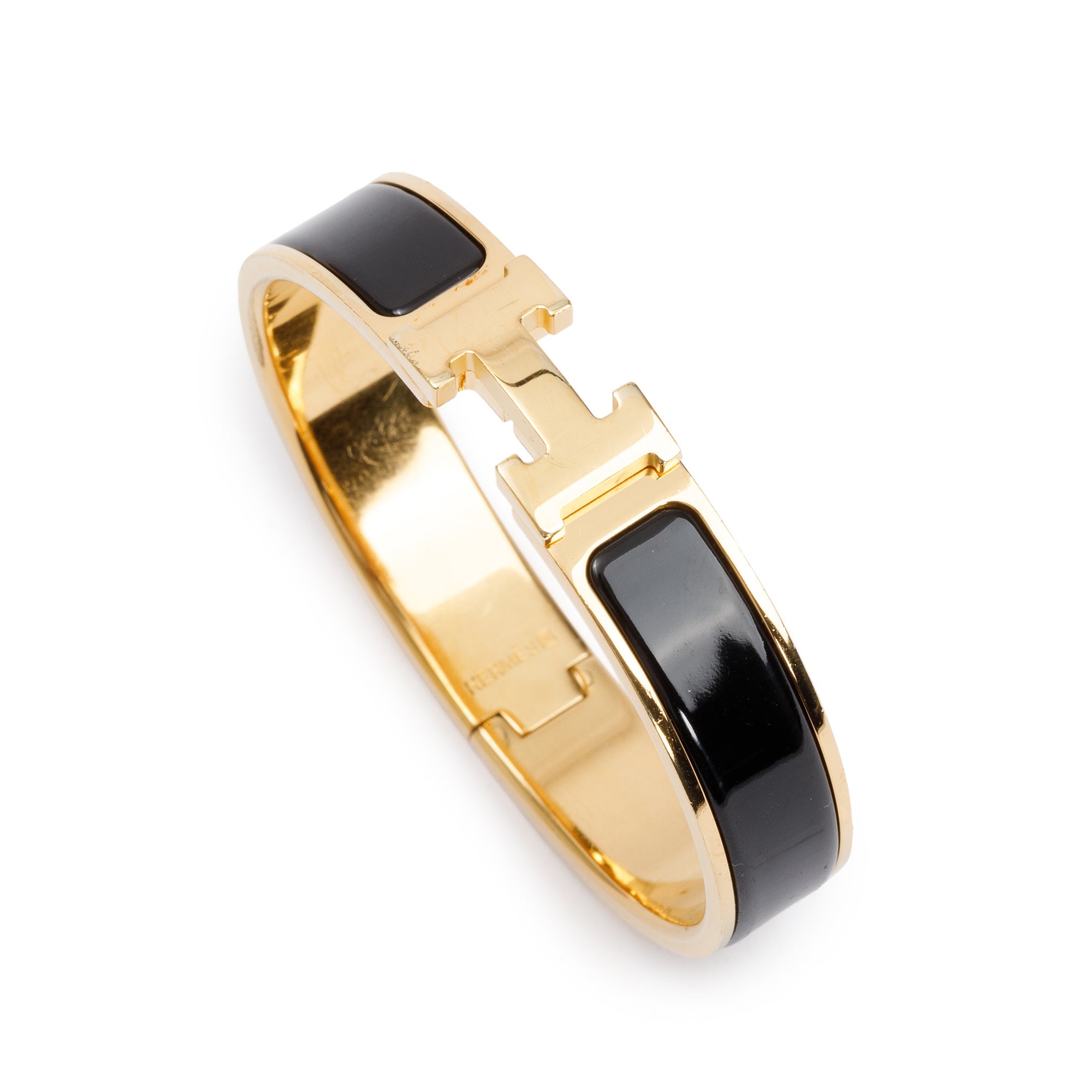 Hermes Yellow Gold-Plated Black Enamel 12 MM Clic H Bracelet