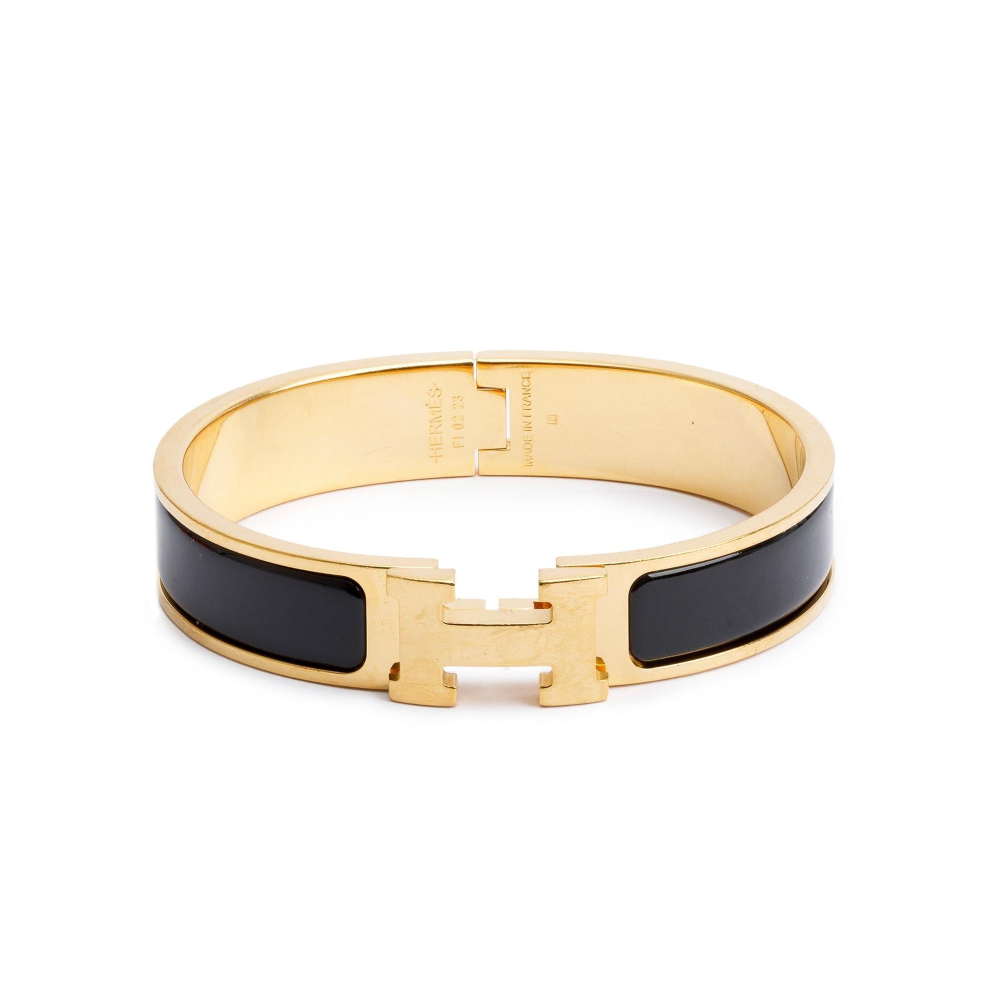 Hermes Yellow Gold Plated Black Enamel 12 MM Clic H Bracelet w/ Box