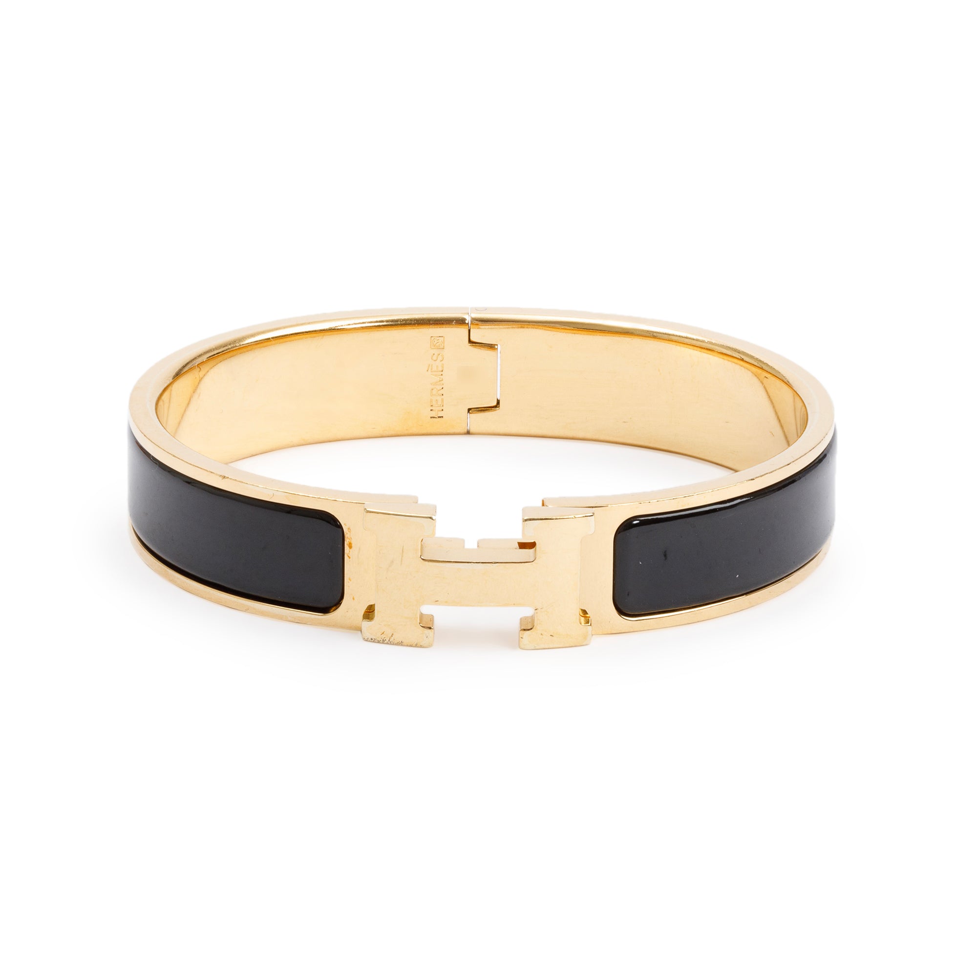 Hermes Yellow Gold-Plated Black Enamel 12 MM Clic H Bracelet