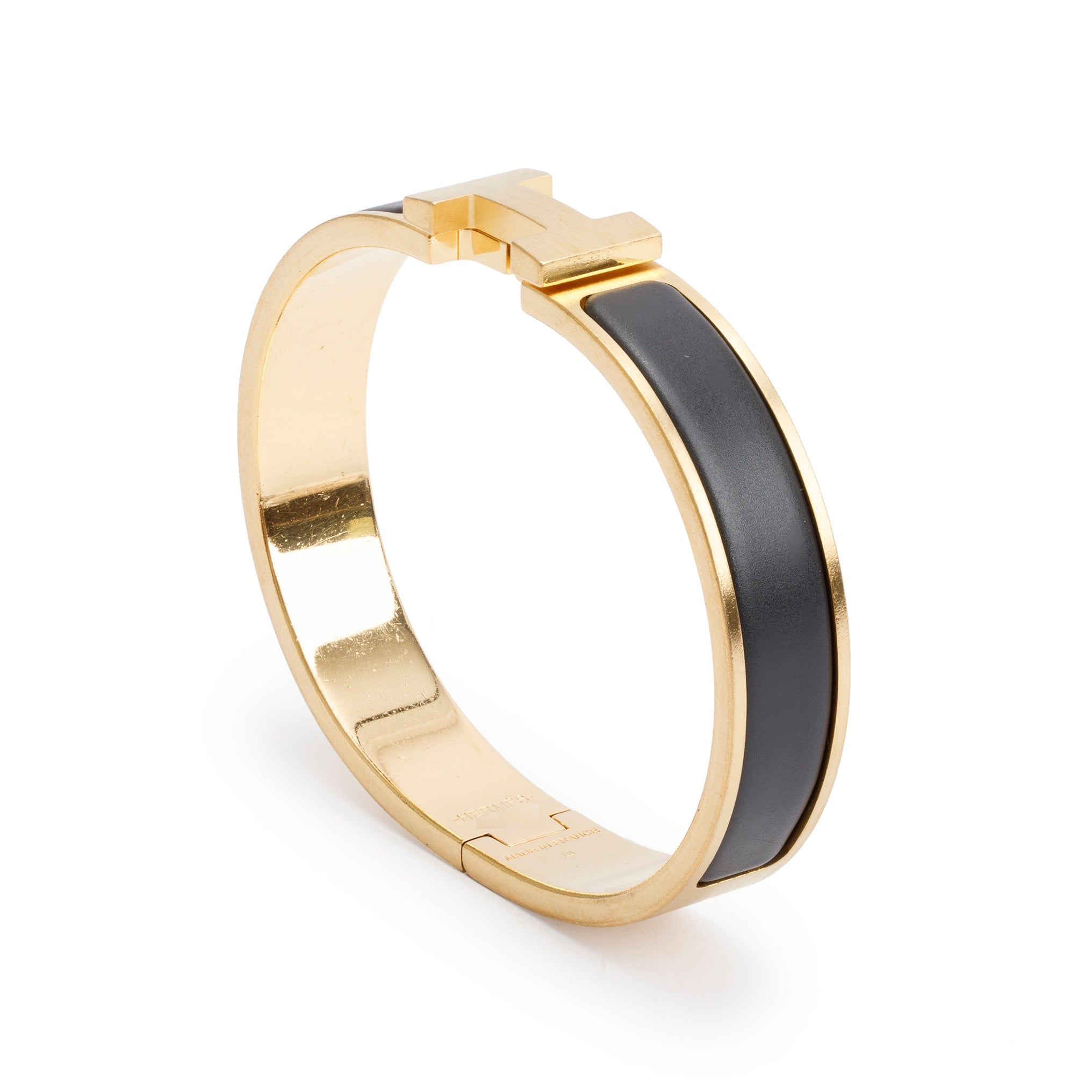 Hermes Yellow Gold Plated Noir Mat Enamel 12 MM Clic HH Bracelet, Size T4